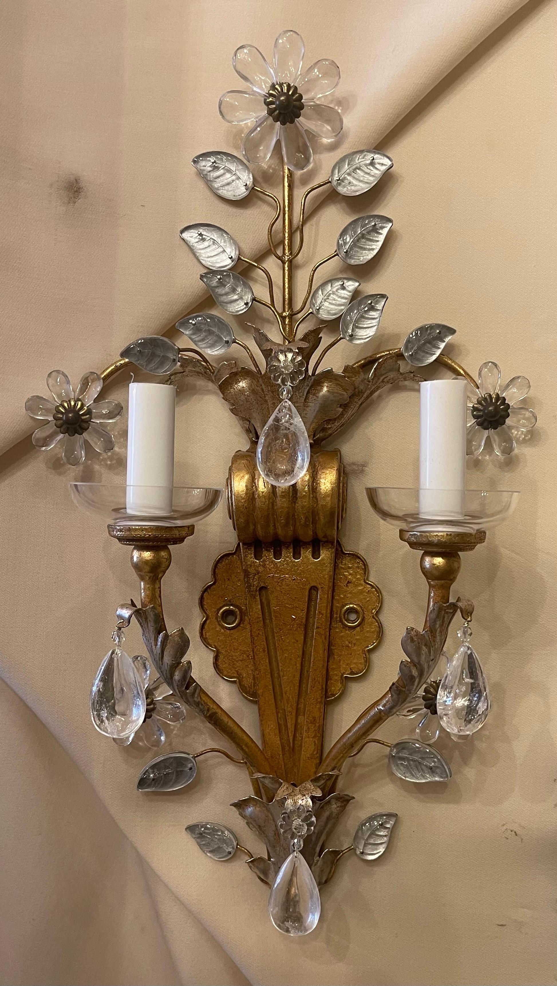 Wonderful Pair Maison Baguès Rock Crystal Flower Leaf Spray Gold Gilt Sconces In Good Condition For Sale In Roslyn, NY