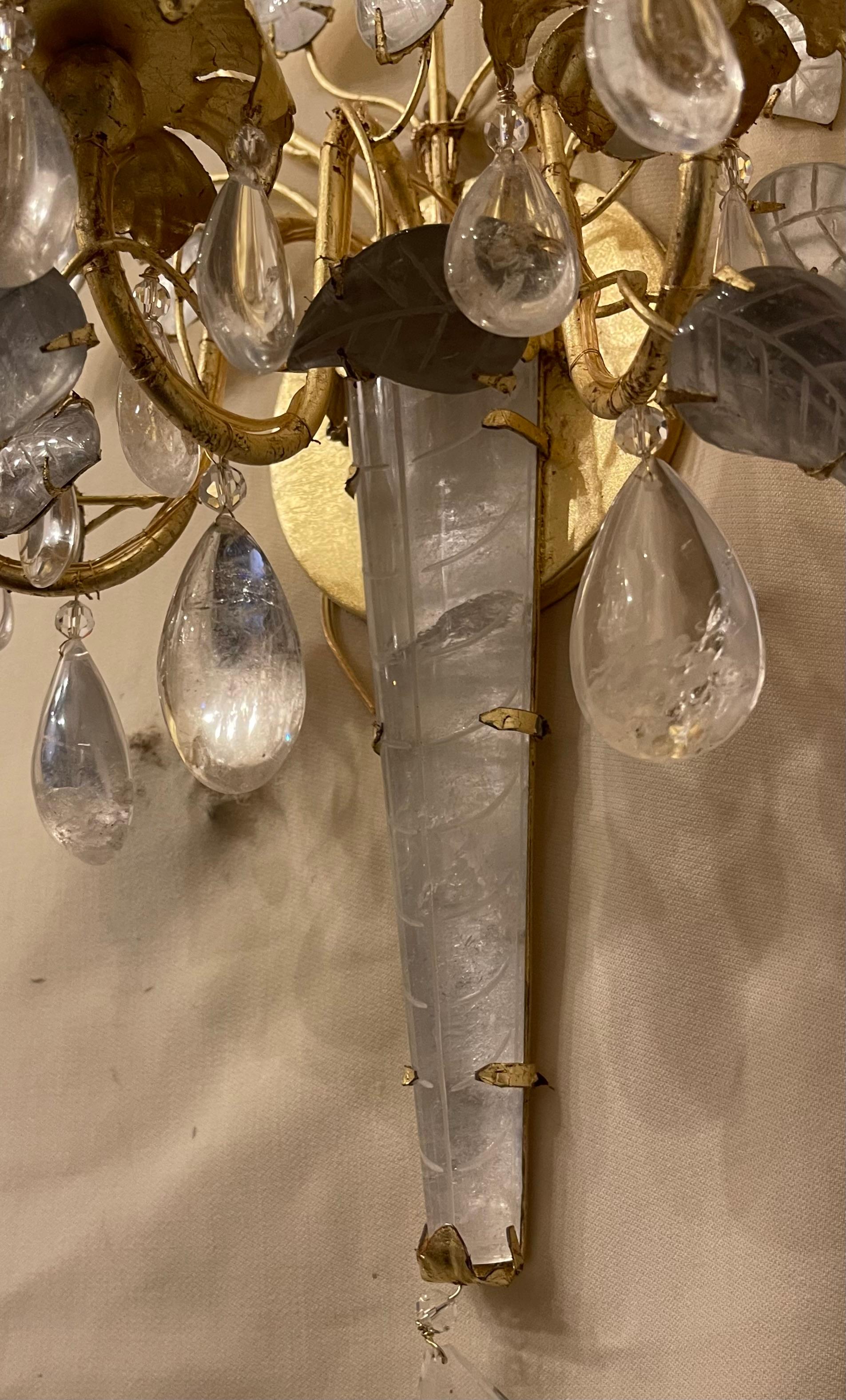 Wonderful Pair Maison Baguès Rock Crystal Flower Leaf Spray Gold Gilt Sconces For Sale 1