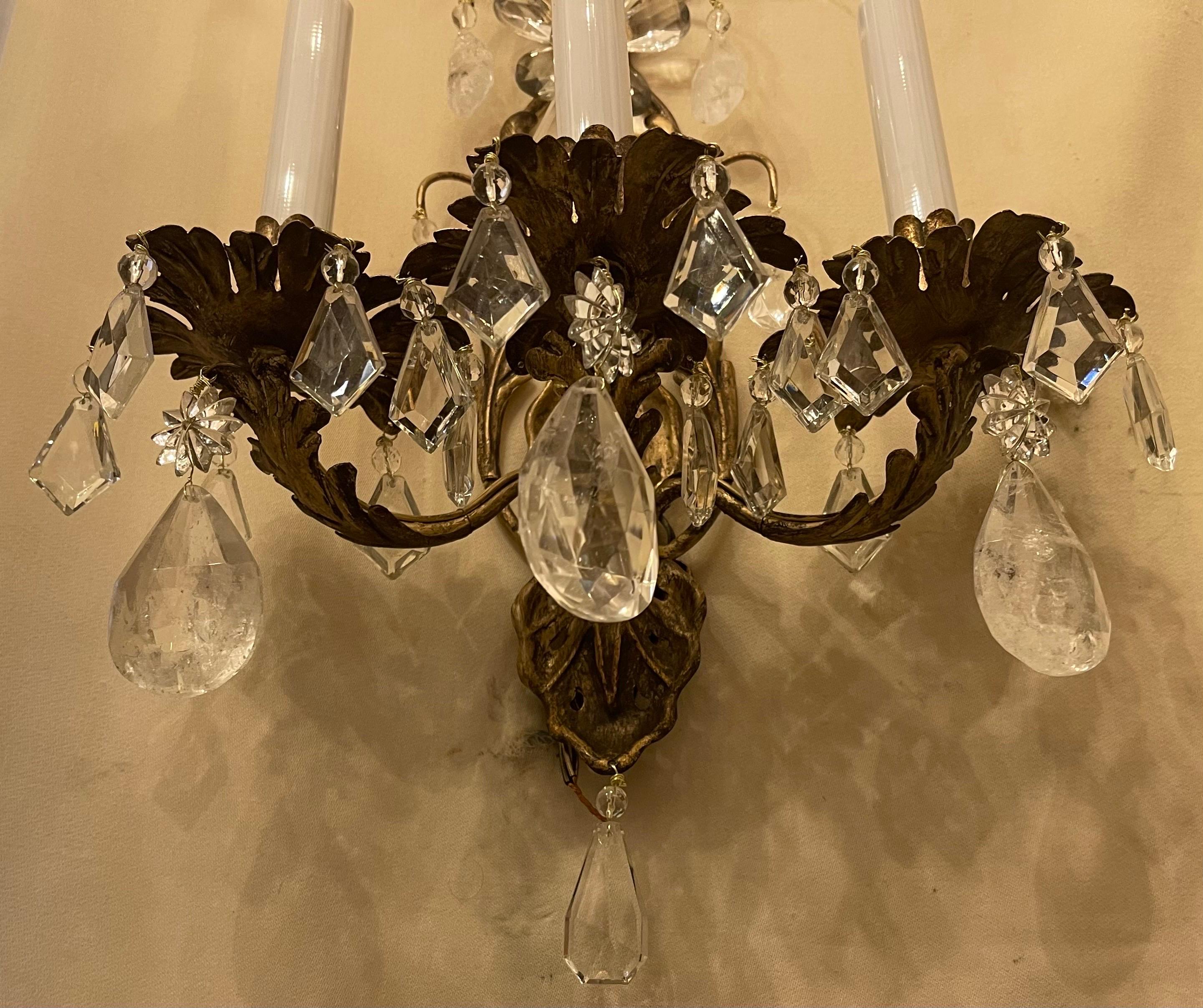 Wonderful Pair Maison Baguès Rock Crystal Gilt Tole Filigree Three Light Sconces In Good Condition For Sale In Roslyn, NY