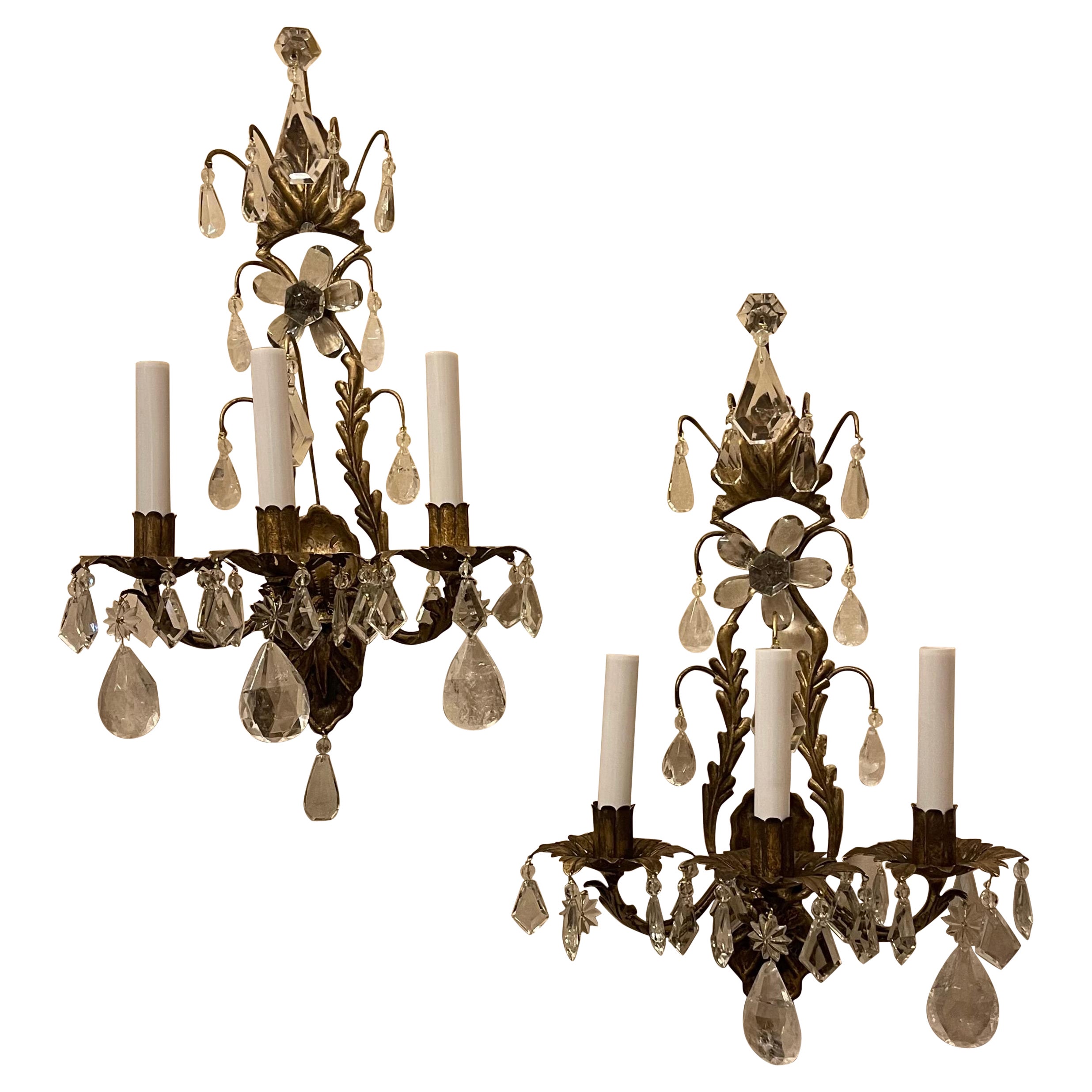 Wonderful Pair Maison Baguès Rock Crystal Gilt Tole Filigree Three Light Sconces