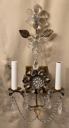 Wonderful Pair of Maison Baguès Rock Crystal Gilt Tole Glass Flower Leaf Sconces