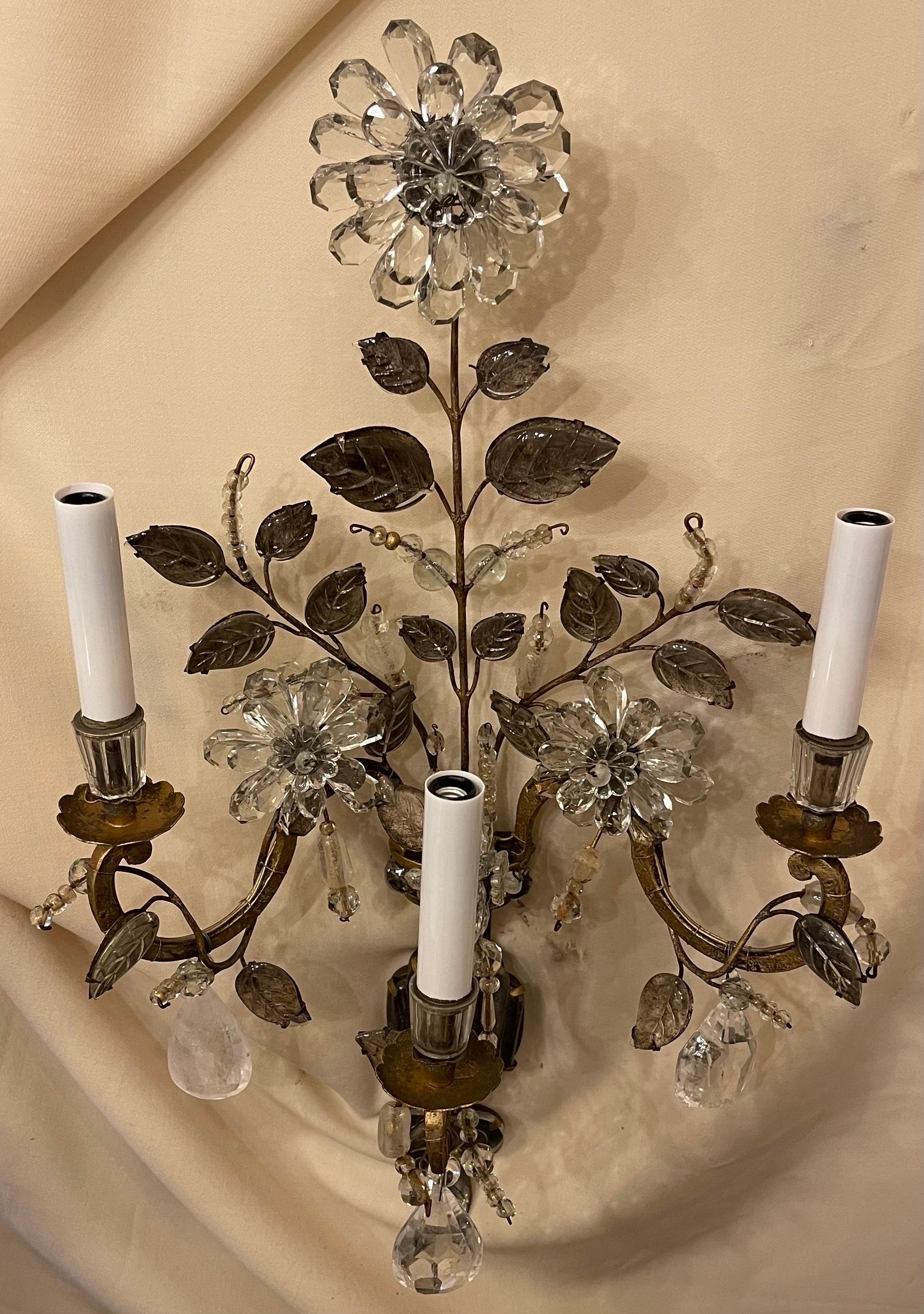 Wonderful Pair Maison Baguès Rock Quartz Crystal Beaded 3 Arm Urn Flower Sconces In Good Condition For Sale In Roslyn, NY