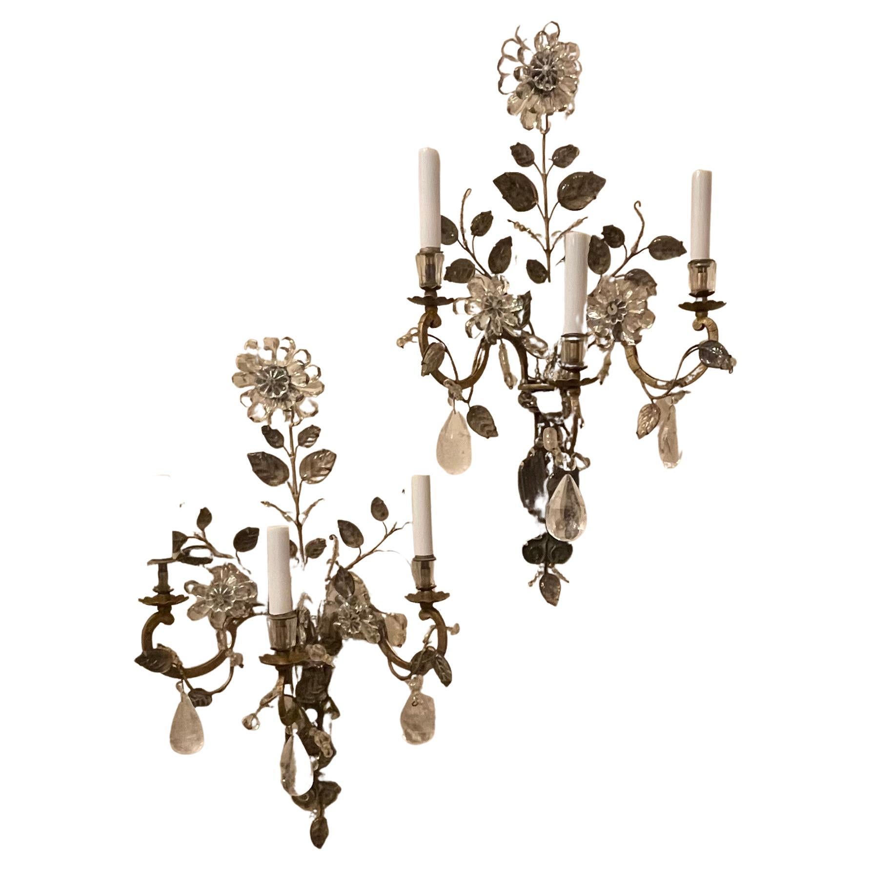 Maravilloso Par Maison Baguès Cuarzo Roca Cristal Cuentas 3 Brazo Urna Flor Lámparas