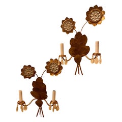 Wonderful Pair Maison Baguès Tole Gold Gilt Rock Crystal Leaf Flower Sconces