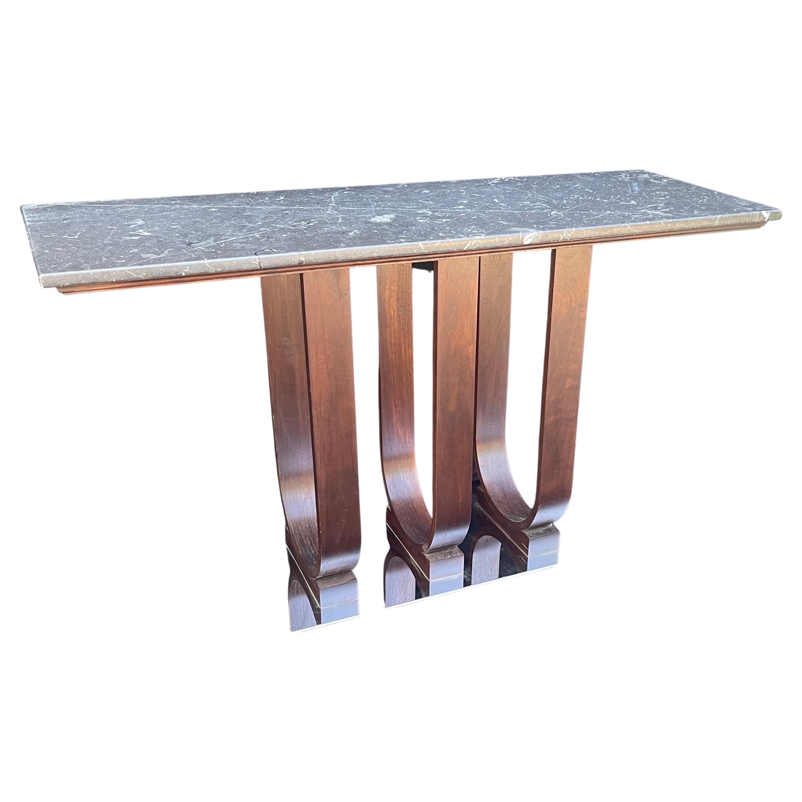 A wonderful pair of marble top Mid-Century Modern / Art Deco Style console tables raised on chrome base.
