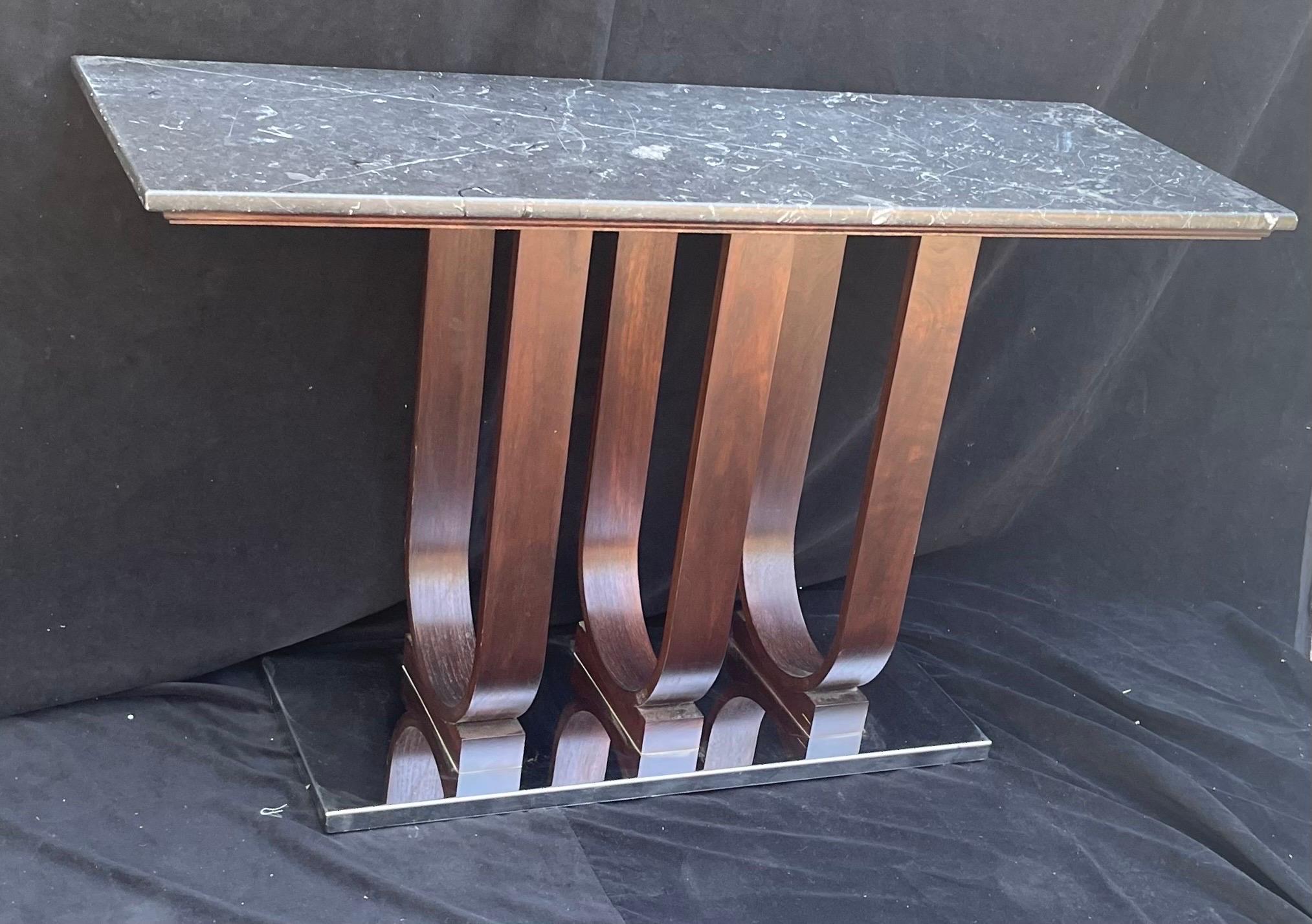 Wonderful Pair Marble Top Mid-Century Modern Art Deco Console Tables Chrome Base In Good Condition For Sale In Roslyn, NY