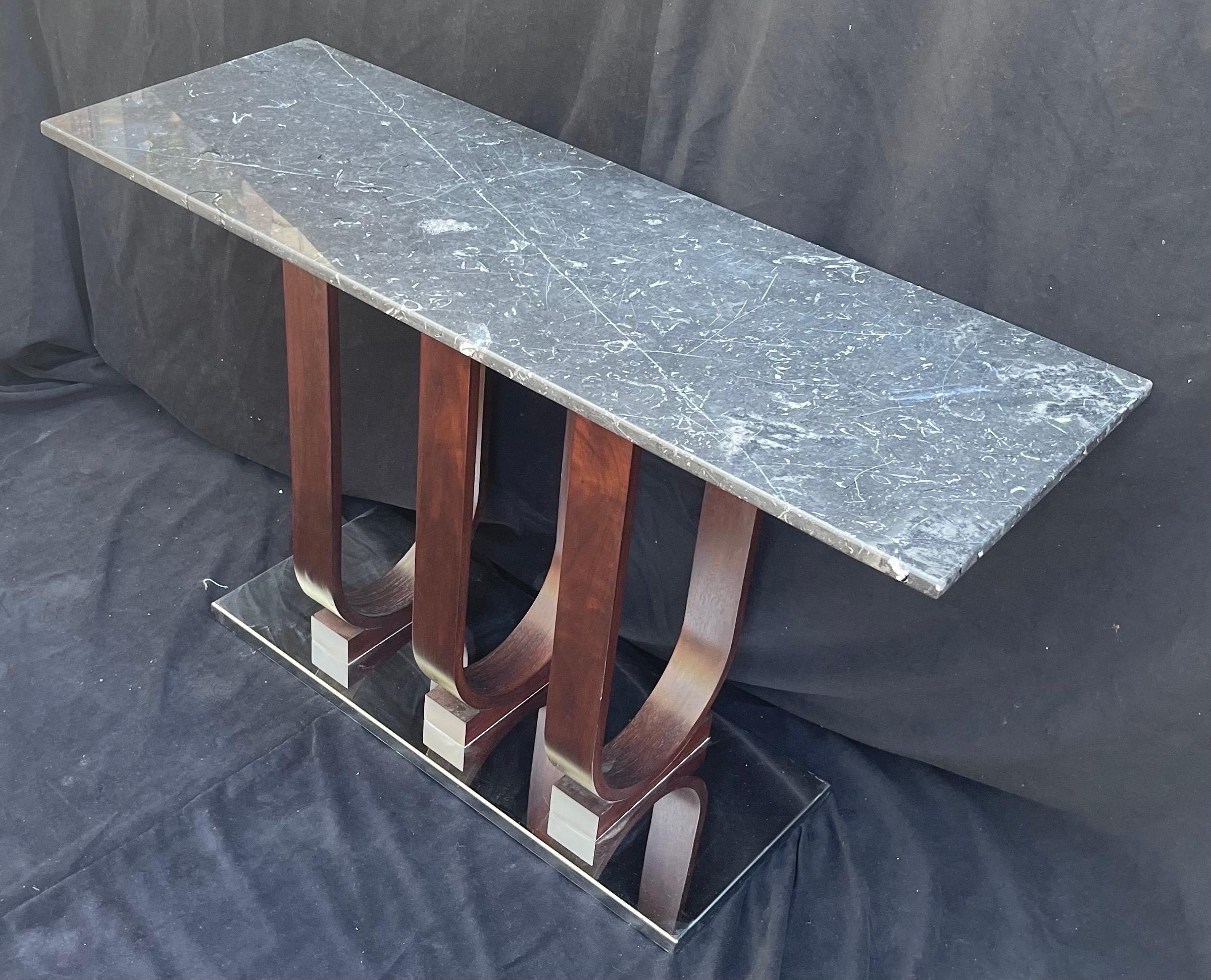 Wonderful Pair Marble Top Mid-Century Modern Art Deco Console Tables Chrome Base For Sale 1