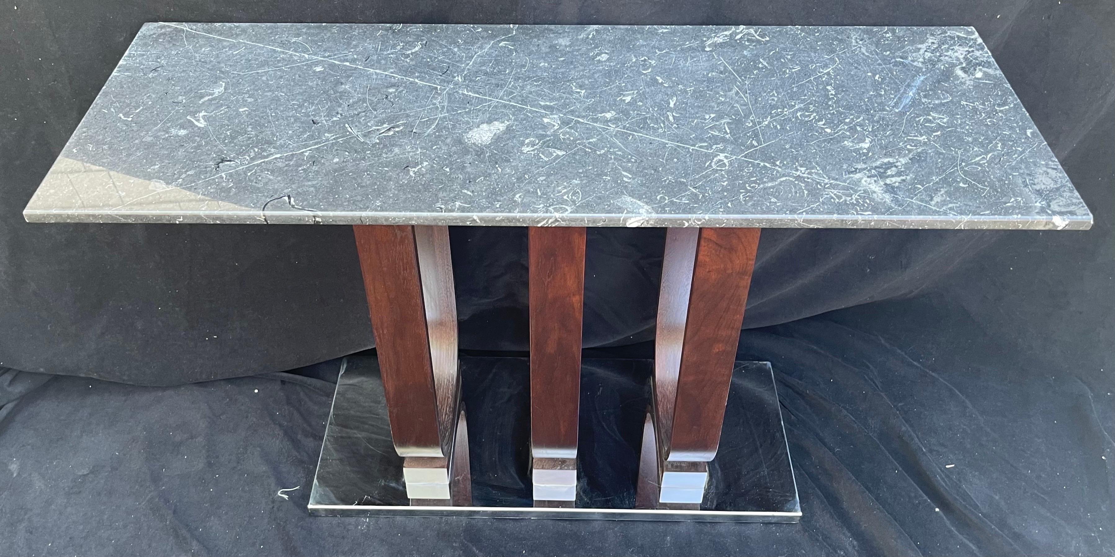 Wonderful Pair Marble Top Mid-Century Modern Art Deco Console Tables Chrome Base For Sale 2