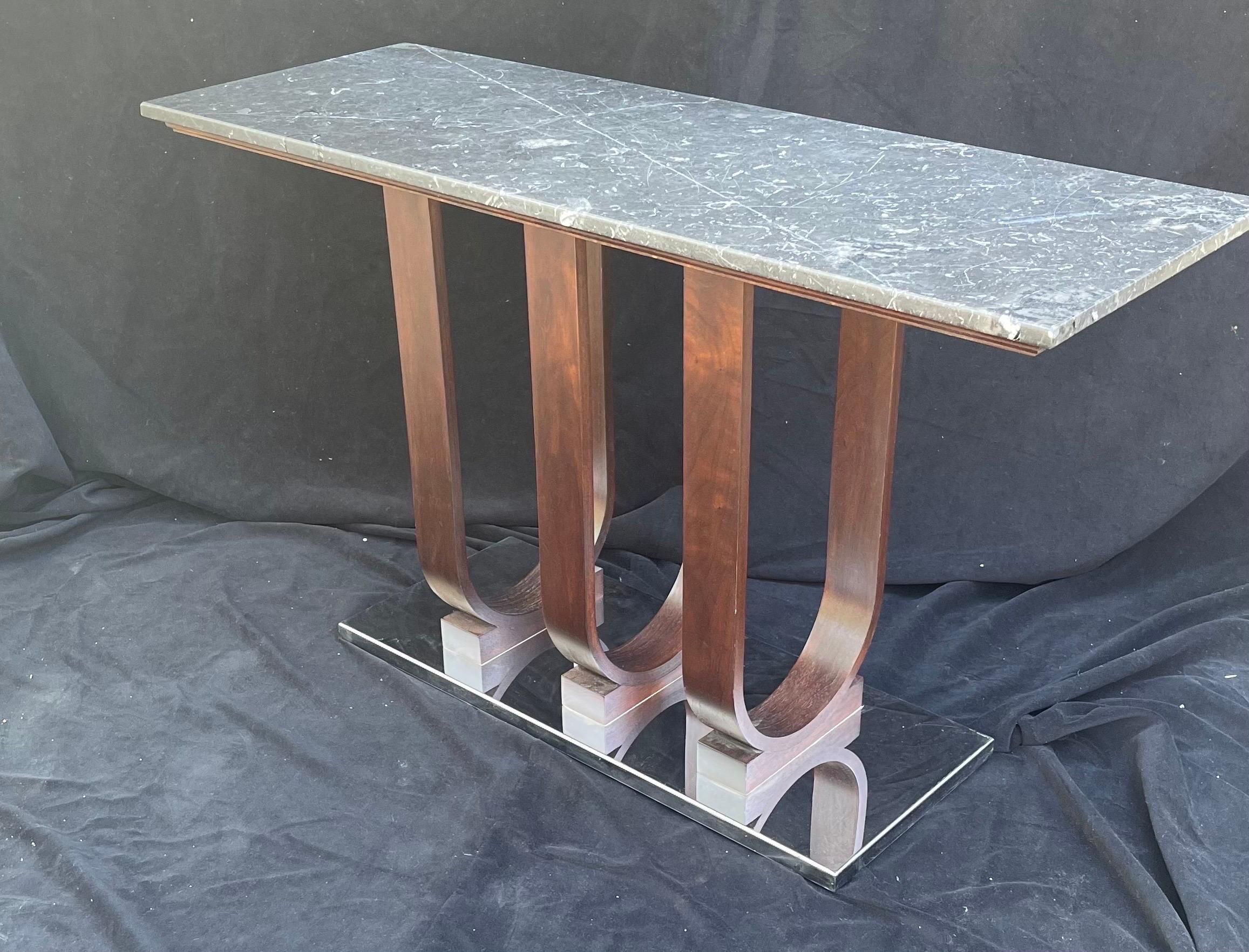 Wonderful Pair Marble Top Mid-Century Modern Art Deco Console Tables Chrome Base For Sale 4