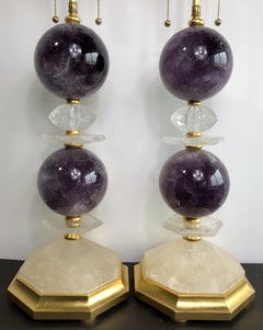 Wonderful Pair Mid-Century Modern Baguès Rock Crystal Amethyst Ball Form Lamps
