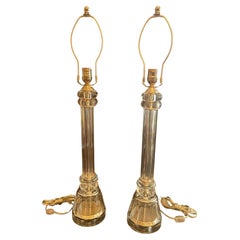 Wonderful Pair Mid Century Modern Column Form Polished Nickel Lamps Lucite Bases