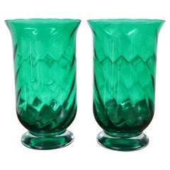 Vintage Wonderful Pair Mid Century Modern Emerald Green Murano Swirl Glass Large Vases