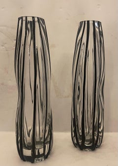 Wonderful Pair Mid Century Modern Murano Art Glass Clear Black Italian Bud Vases