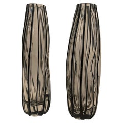 Wonderful Pair Mid Century Modern Murano Art Glass Clear Black Italian Bud Vases