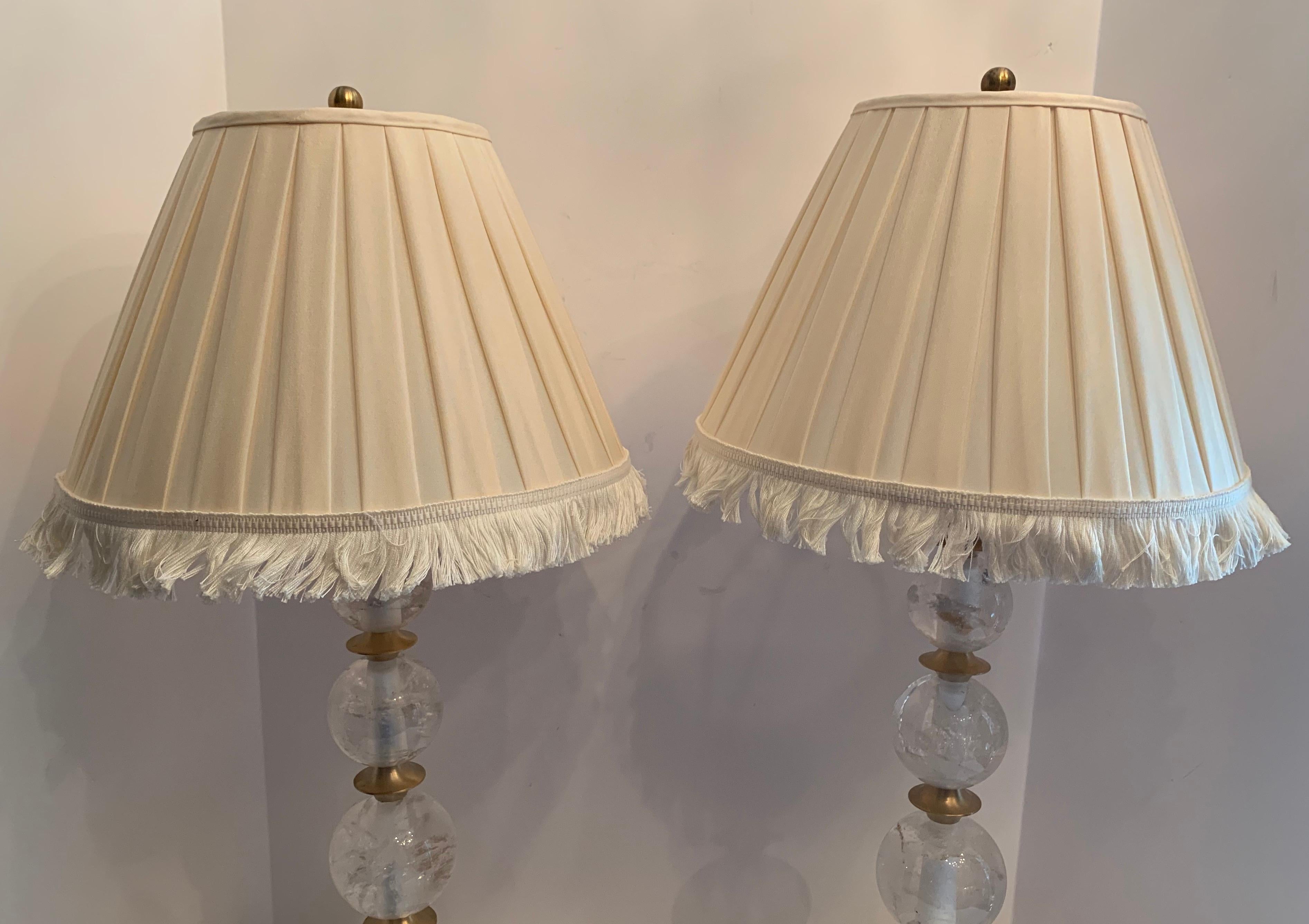 A wonderful pair of Mid-Century Modern rock crystal stack ball form and brushed bronze lamps by Vaughan
Wiring Is UL listed and up to date
Accompanied by lamp shades, 12