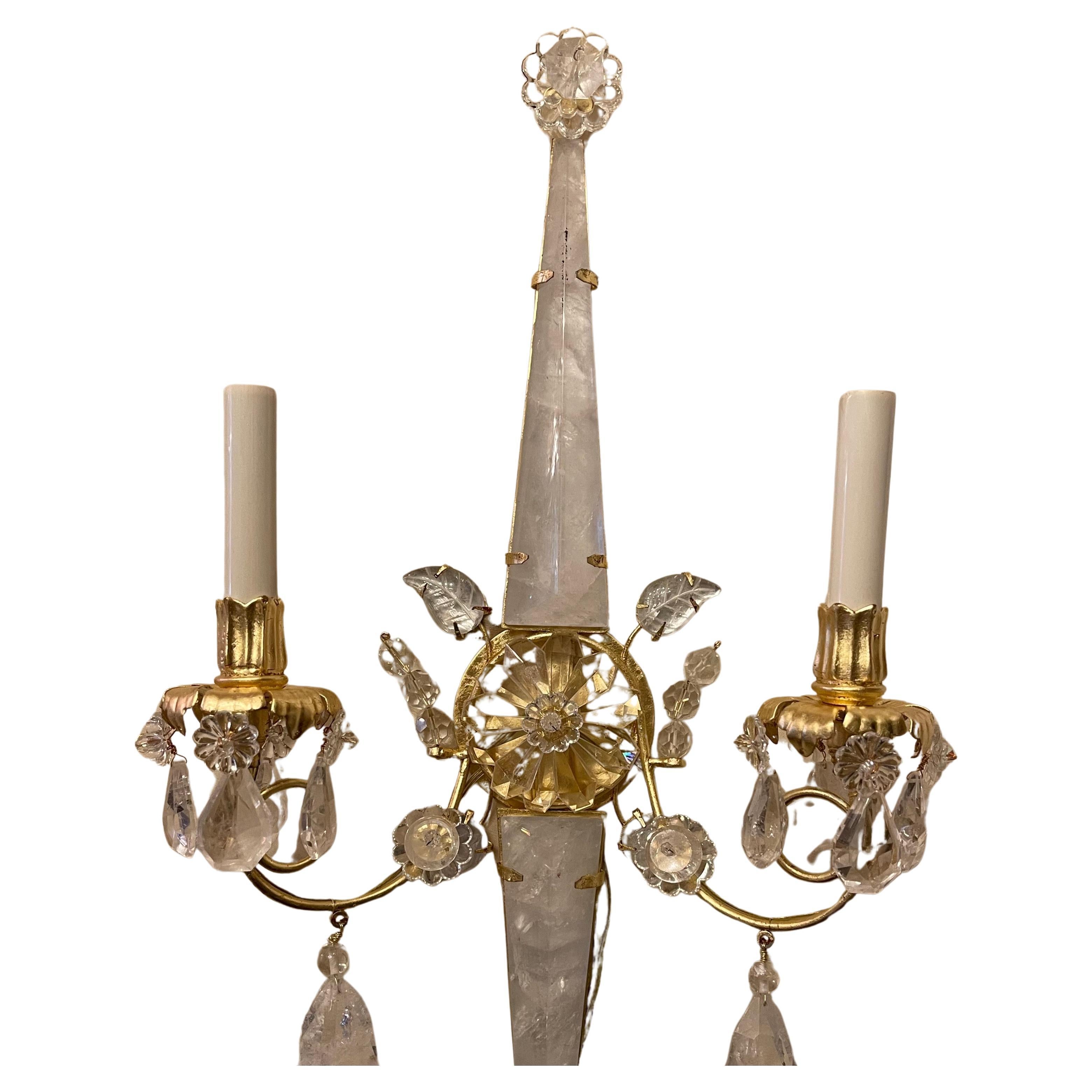 A Wonderful Pair Mid-Century Modern Rock Crystal Gold Gilt With Flowers And Leaves In The Manner Of Baguès Style Two Candelabra Light Wall Sconces, Completely Rewired With New Sockets.