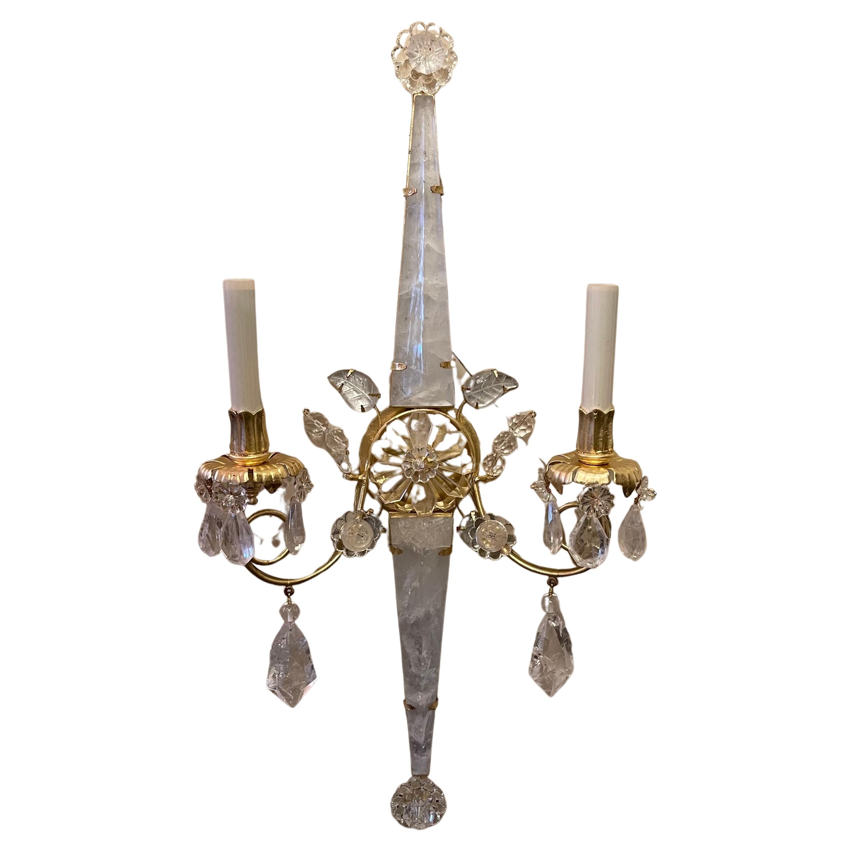 Wonderful Pair Mid-Century Modern Rock Crystal Gold Gilt Flower Baguès Sconces In Good Condition For Sale In Roslyn, NY