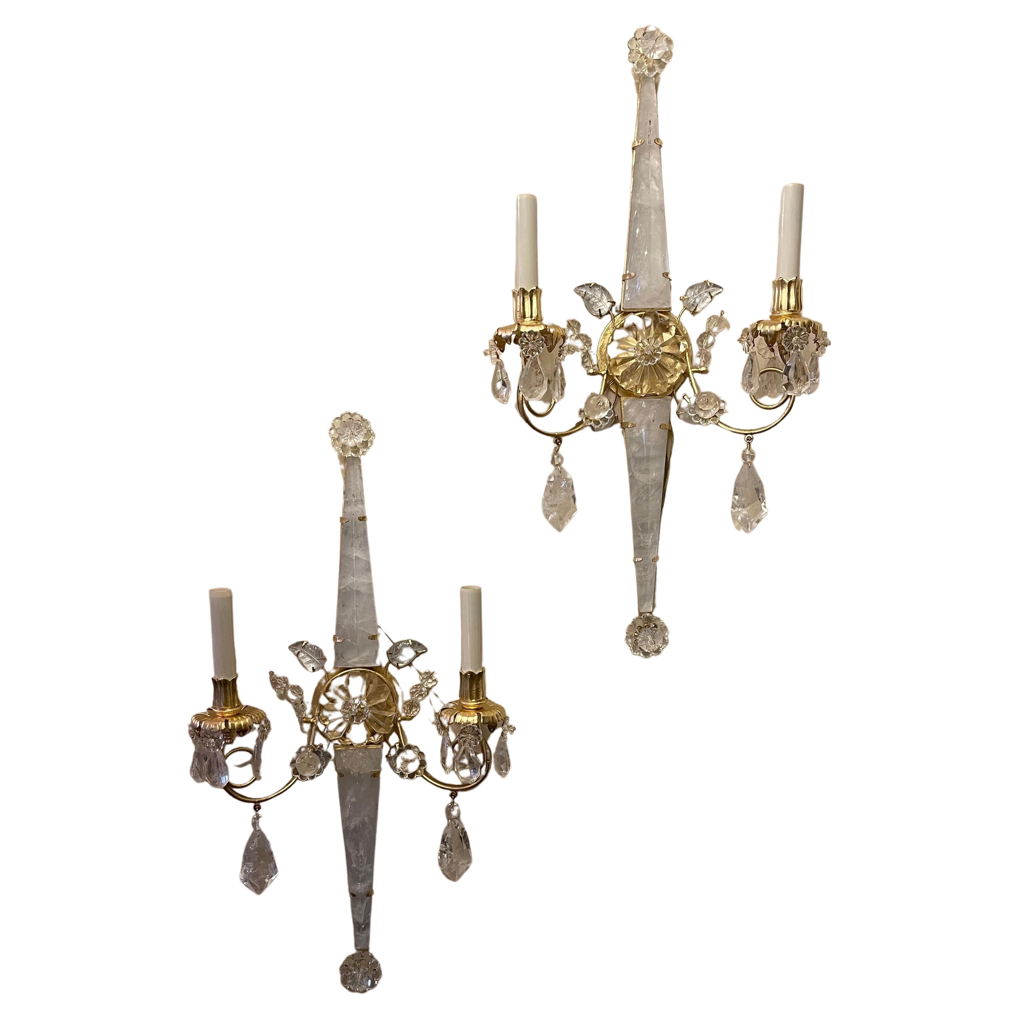 Wonderful Pair Mid-Century Modern Rock Crystal Gold Gilt Flower Baguès Sconces For Sale