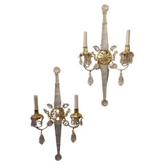 Vintage Wonderful Pair Mid-Century Modern Rock Crystal Gold Gilt Flower Baguès Sconces