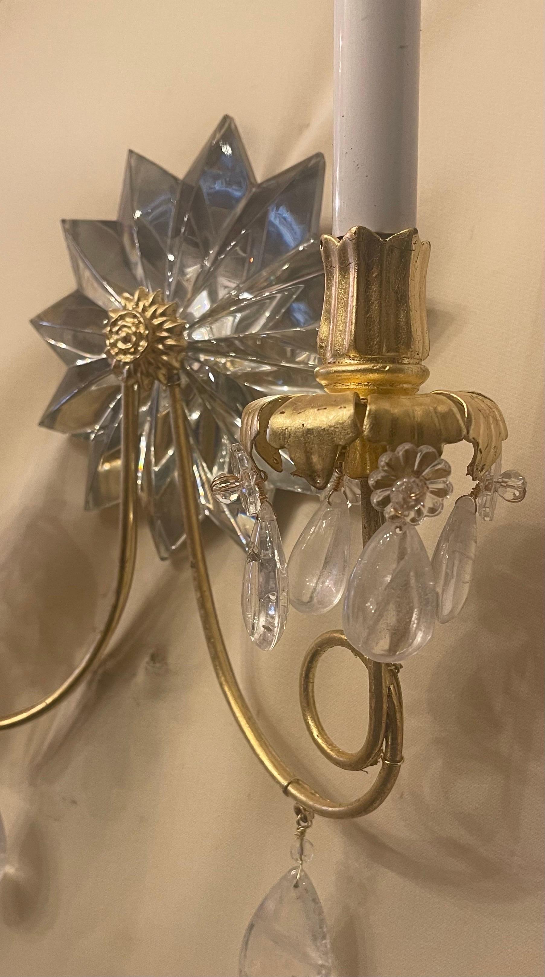 Wonderful Pair Mid-Century Modern Star Rock Crystal Gold Gilt Baguès Sconces In Good Condition For Sale In Roslyn, NY