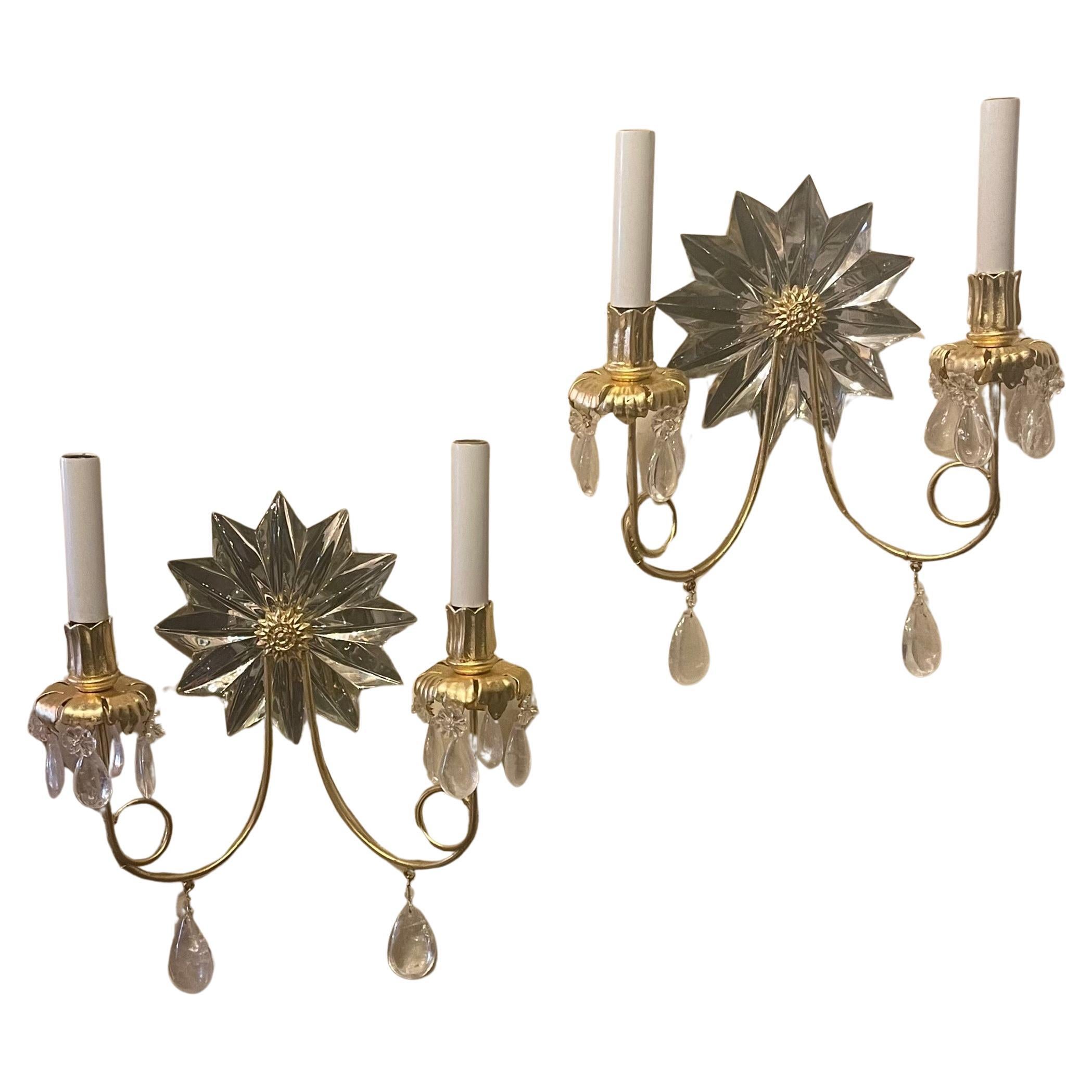 Wonderful Pair Mid-Century Modern Star Rock Crystal Gold Gilt Baguès Sconces