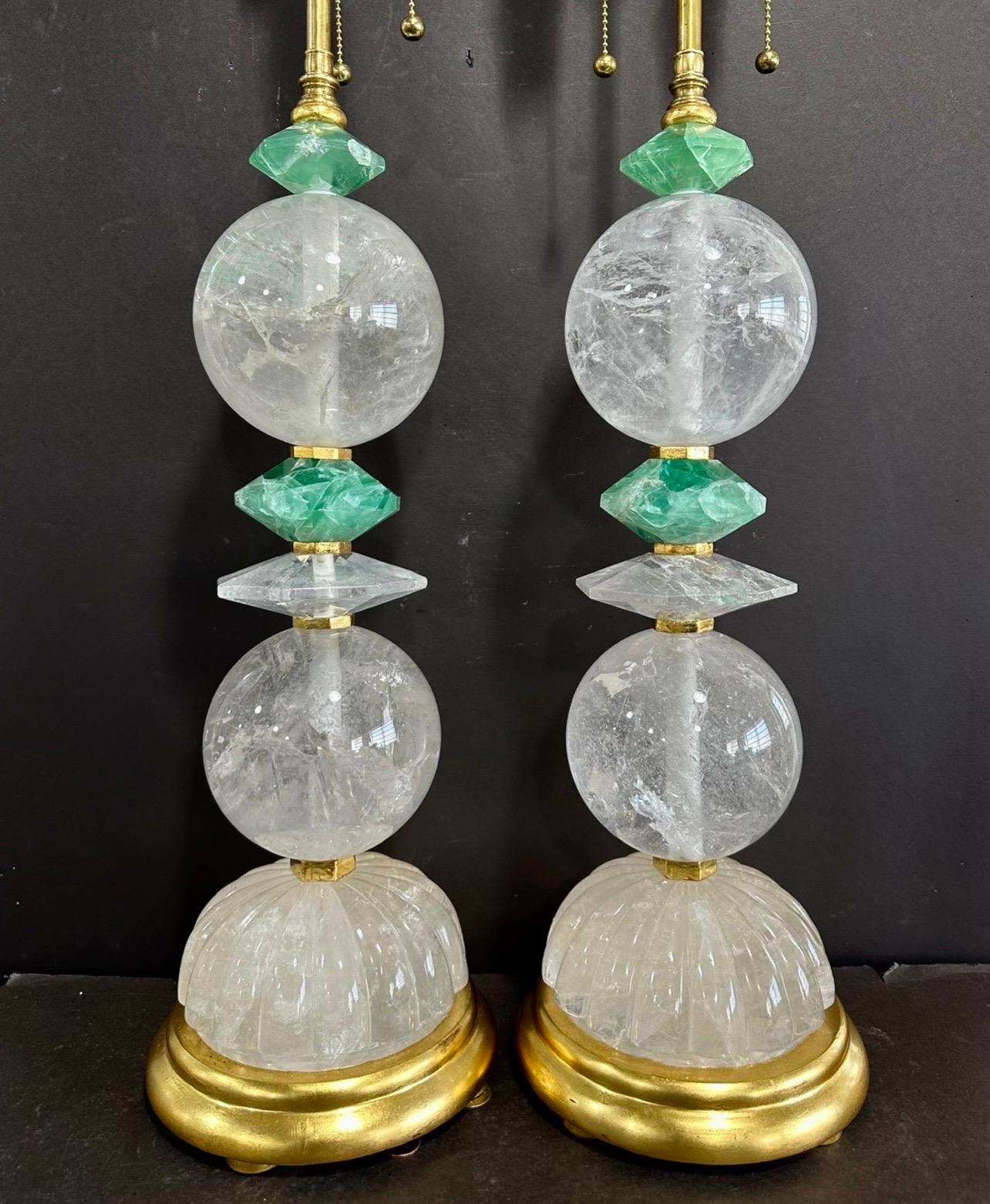 A Wonderful Pair Of Mid Century Modern Style Rock Crystal And Alternating Green Quartz Crystal Lamps On Gold Leaf  Bases, Completely Rewired With New Sockets.