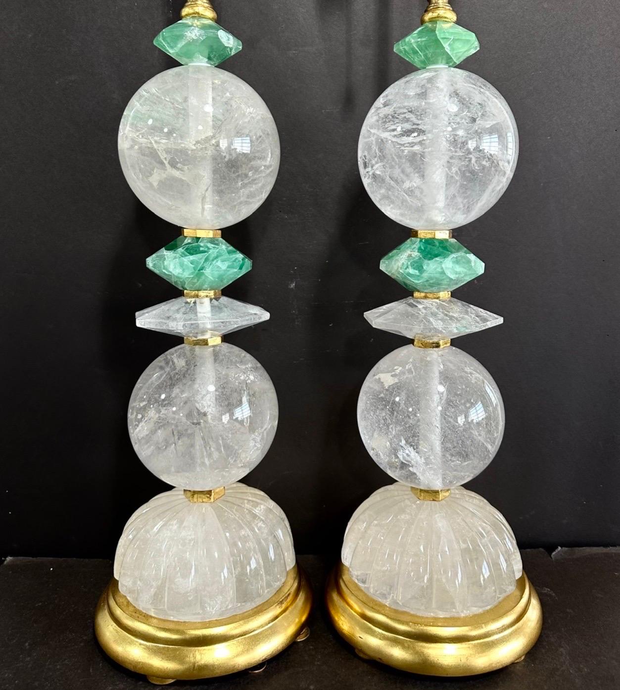 Mid-Century Modern Wonderful Pair Mid Century Modern Style Rock Crystal Green Quartz Gold Lamps For Sale