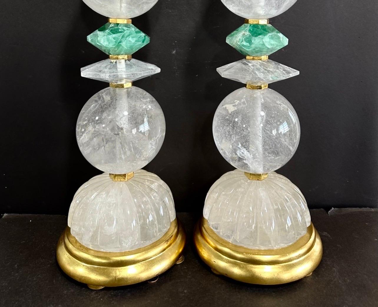 Gilt Wonderful Pair Mid Century Modern Style Rock Crystal Green Quartz Gold Lamps For Sale