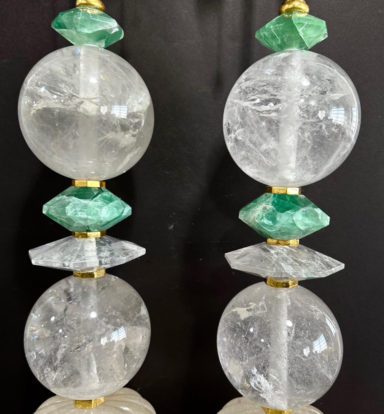 20th Century Wonderful Pair Mid Century Modern Style Rock Crystal Green Quartz Gold Lamps For Sale