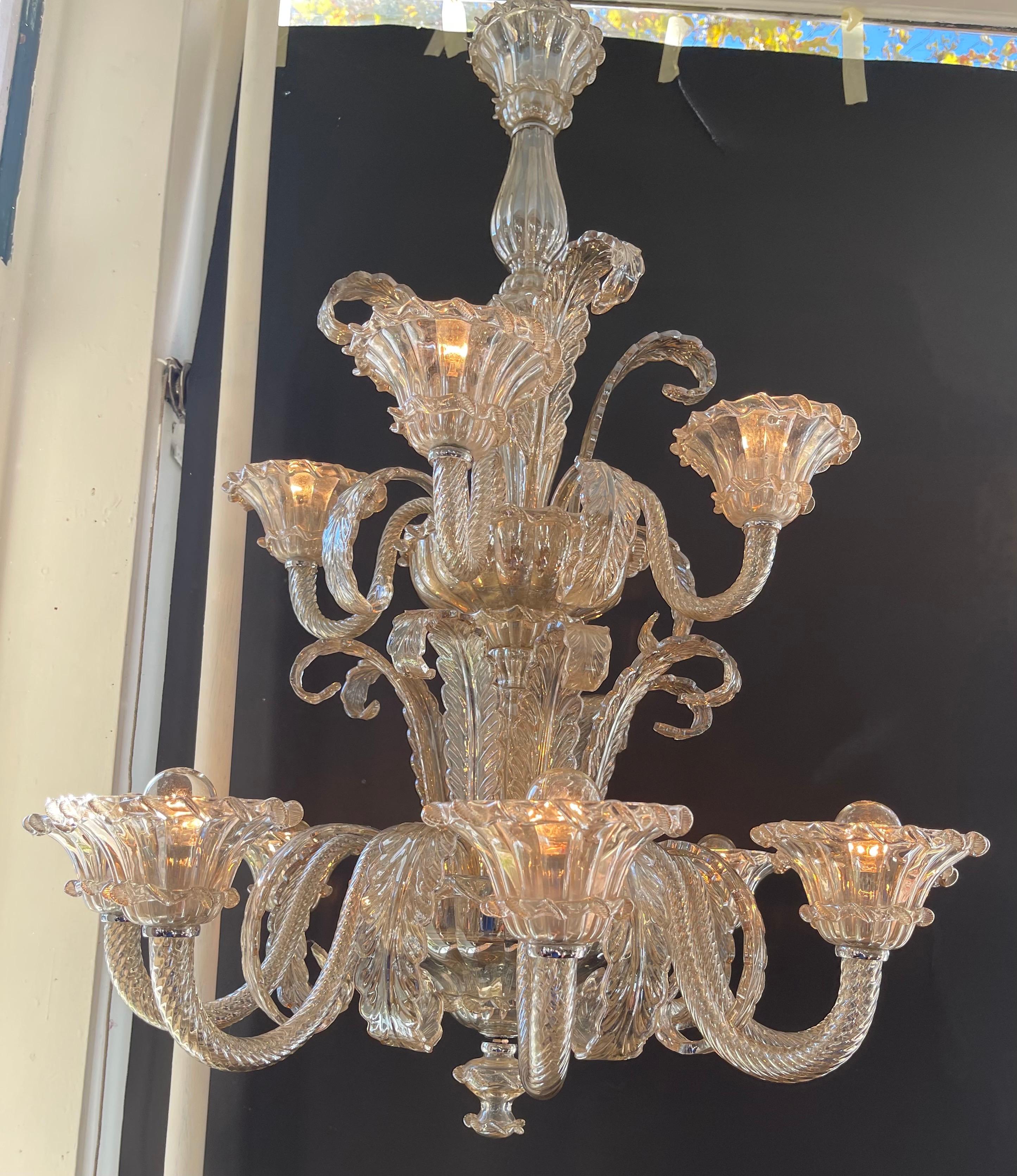 Wonderful Pair Mid Century Murano Large Seguso Smoke Glass 2 Tier Chandeliers In Good Condition For Sale In Roslyn, NY