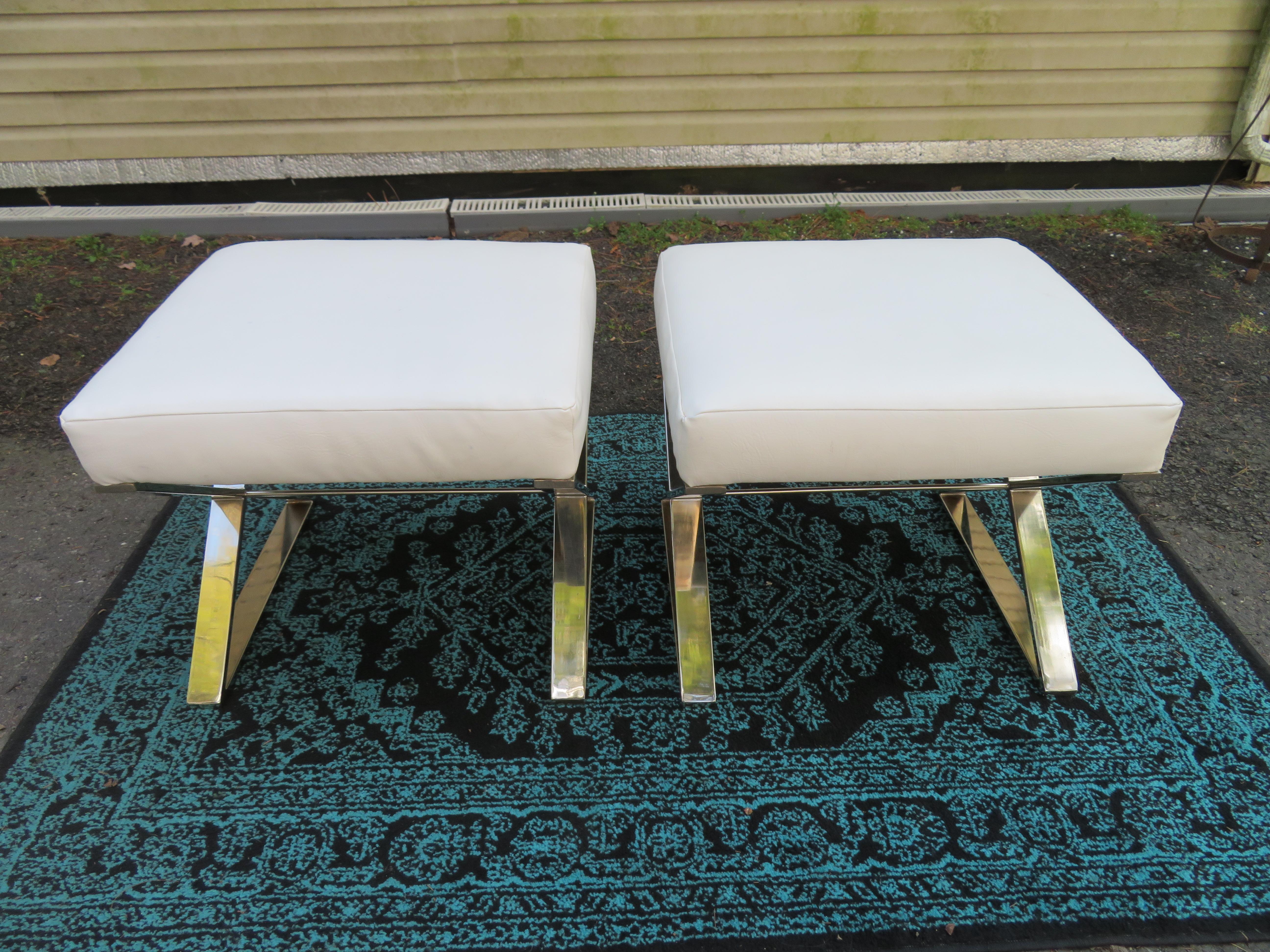 Wonderful Pair Milo Baughman Style Chrome X Base Bench Stools Midcentury For Sale 4