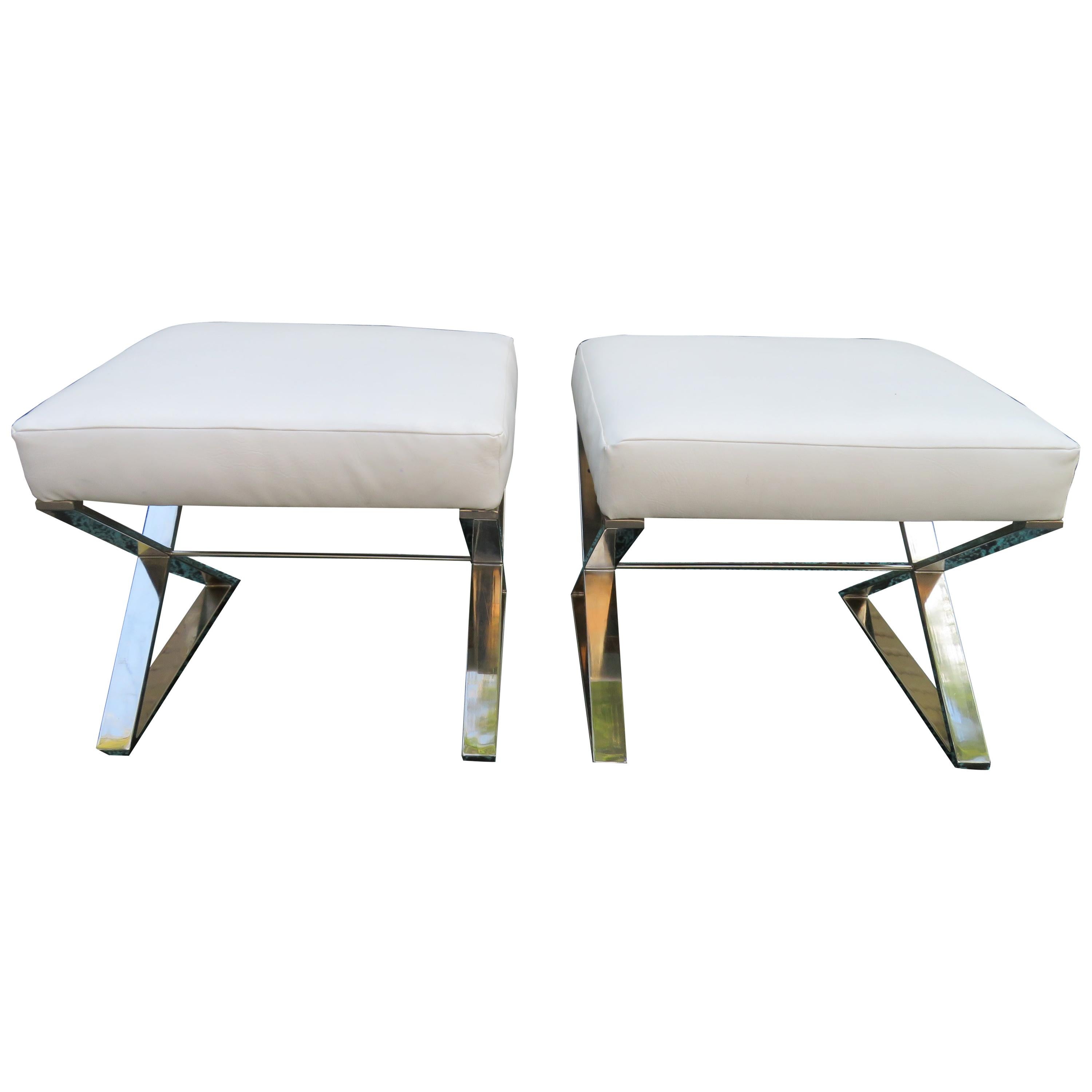 Wonderful Pair Milo Baughman Style Chrome X Base Bench Stools Midcentury For Sale