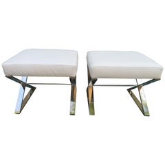 Vintage Wonderful Pair Milo Baughman Style Chrome X Base Bench Stools Midcentury