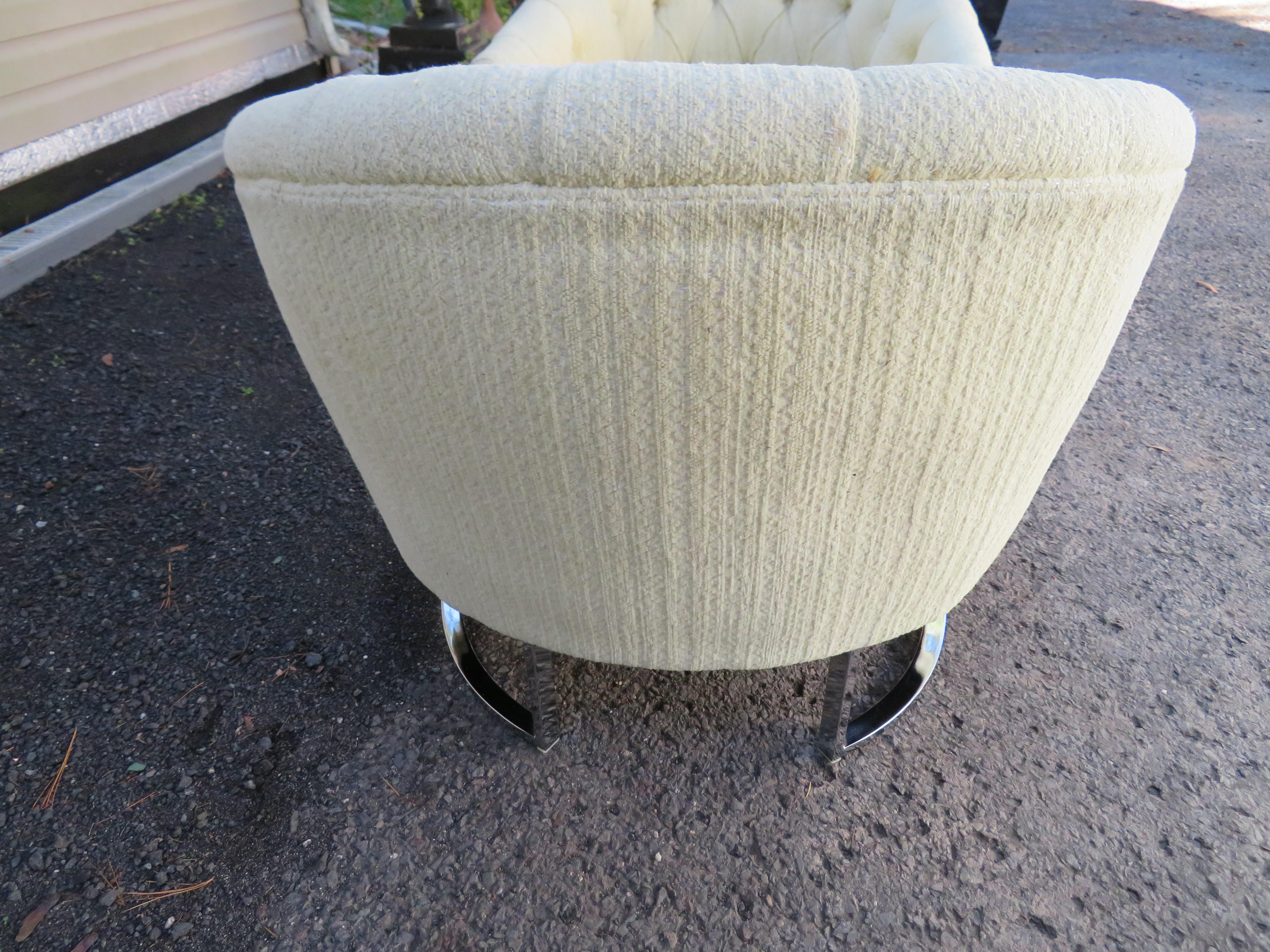 American Wonderful Pair of Milo Baughman Style Tufted Barrel Back Chrome Tub Chairs For Sale