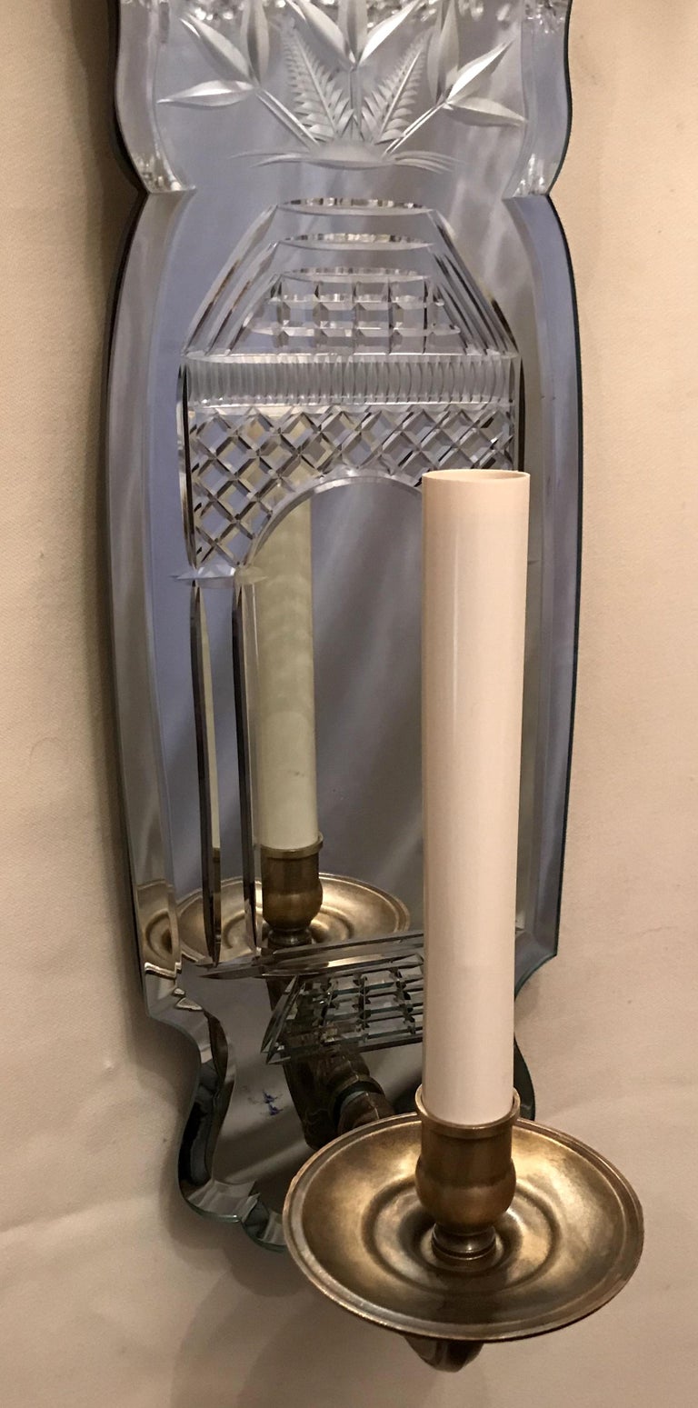 Wonderful Pair Mirrored Back Etched Bronze Candelabra Wall Sconces at