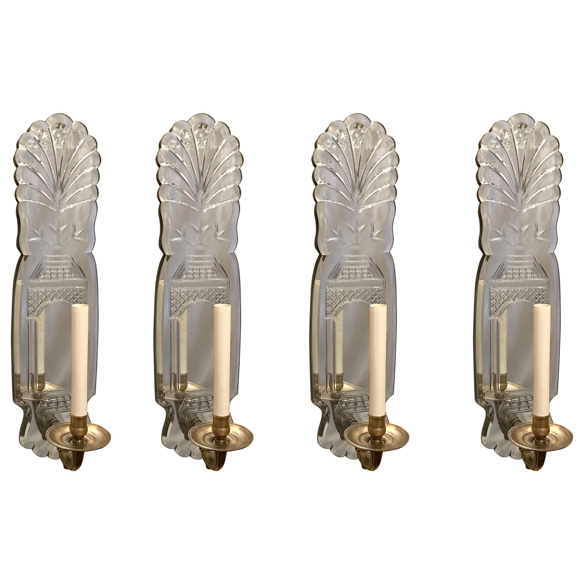 Wonderful Pair Mirrored Back Etched Bronze Candelabra Wall Sconces