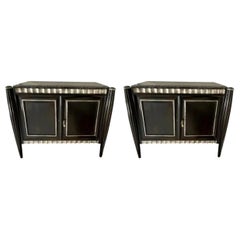 Wonderful Pair Modern Art Deco Swaim Satin Ebony Silver Leaf Marble Top Chests