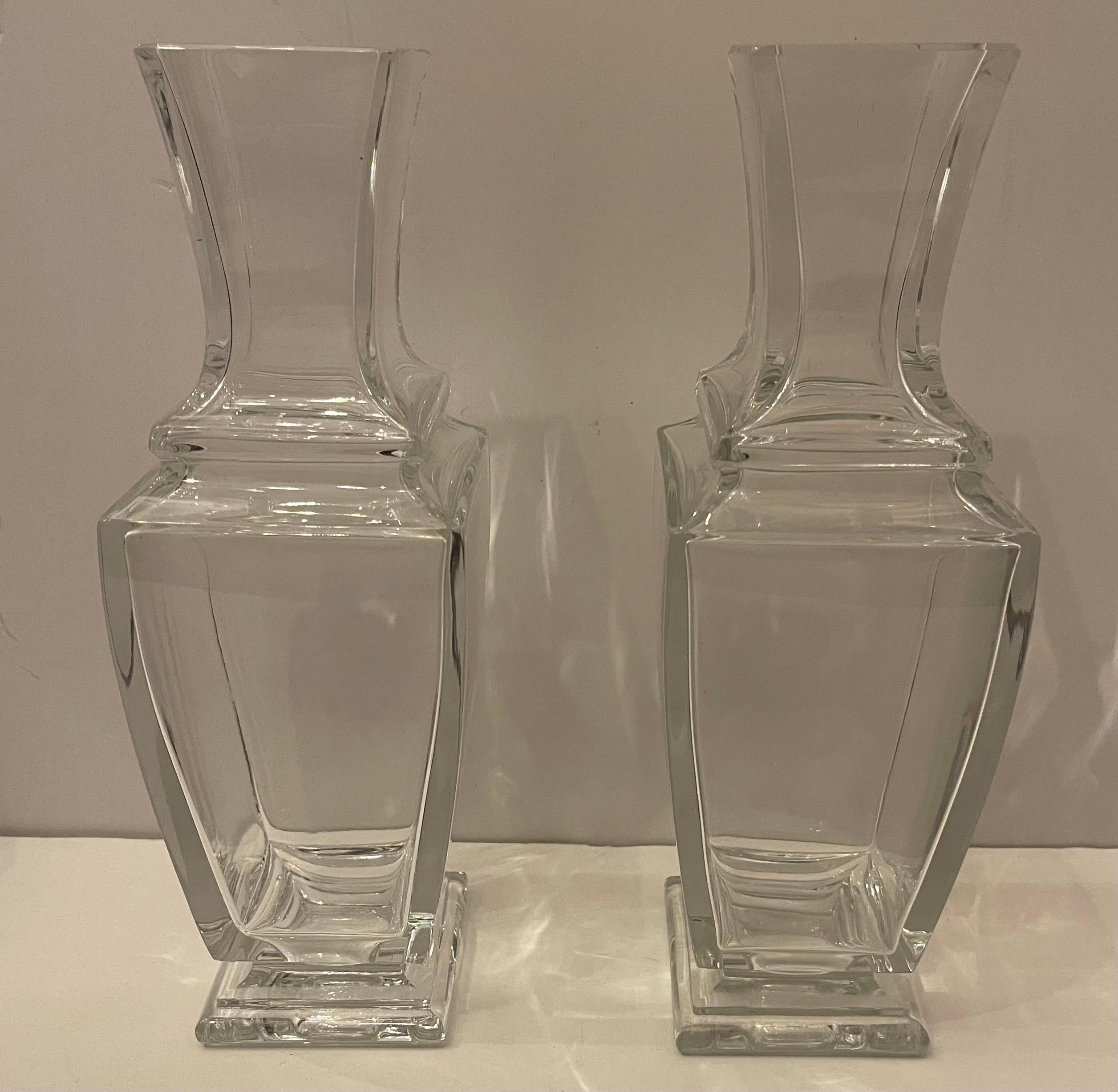 A Wonderful Pair Of Modern Clear Crystal / Glass Urn Form Signed Baccarat 