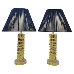 Wonderful Pair Modern Contemporary Brass Bamboo Glass Form Frog Mounted Lamps