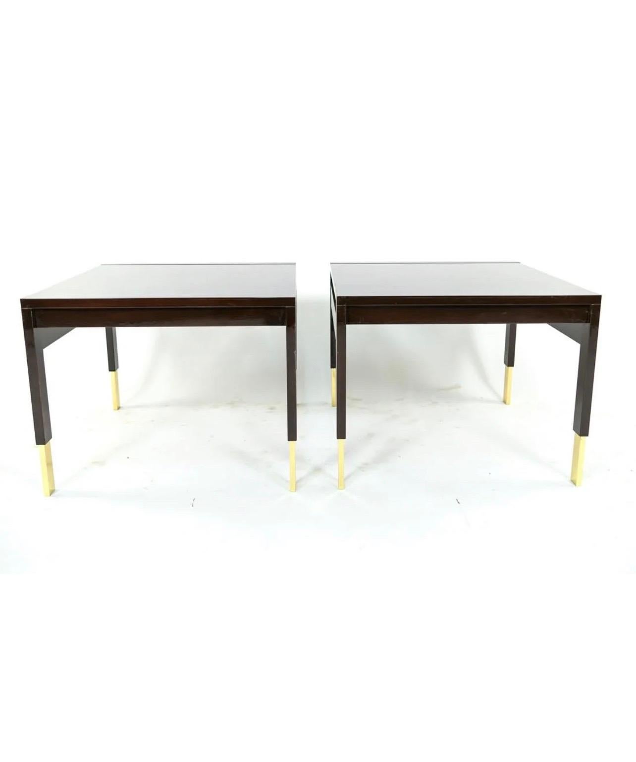 Italian Wonderful Pair of Modern Lorin Marsh Lacquered Wenge Enameled Wood Brass Tables For Sale