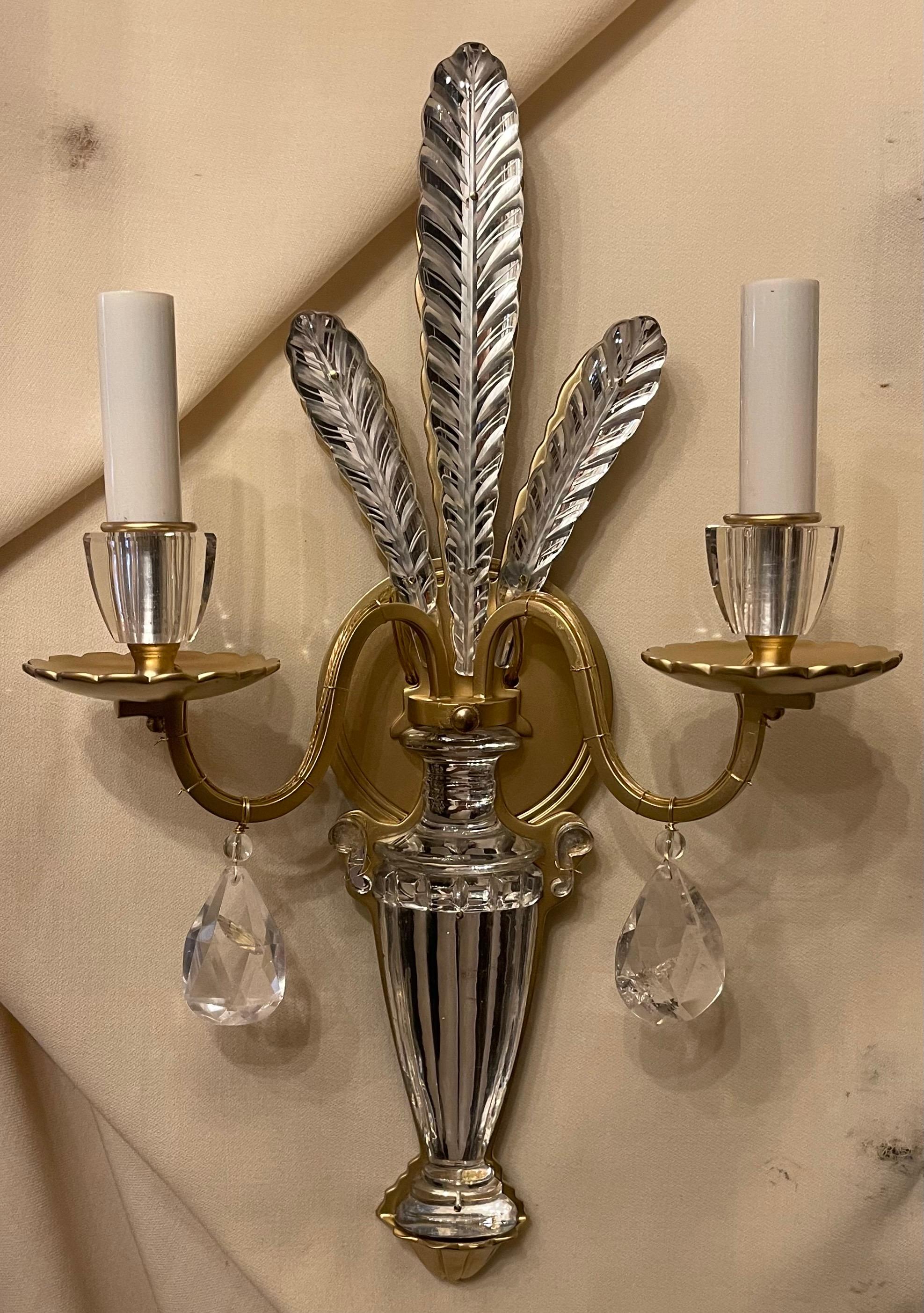 A Wonderful Pair Of Modern Maison Bagues Style Urn Form Crystal With Rock Crystal Drop Fern Leaf Crown Top Two Candelabra Light Sconces In Gold Gilt Over Brass, Completely Rewired With New Sockets