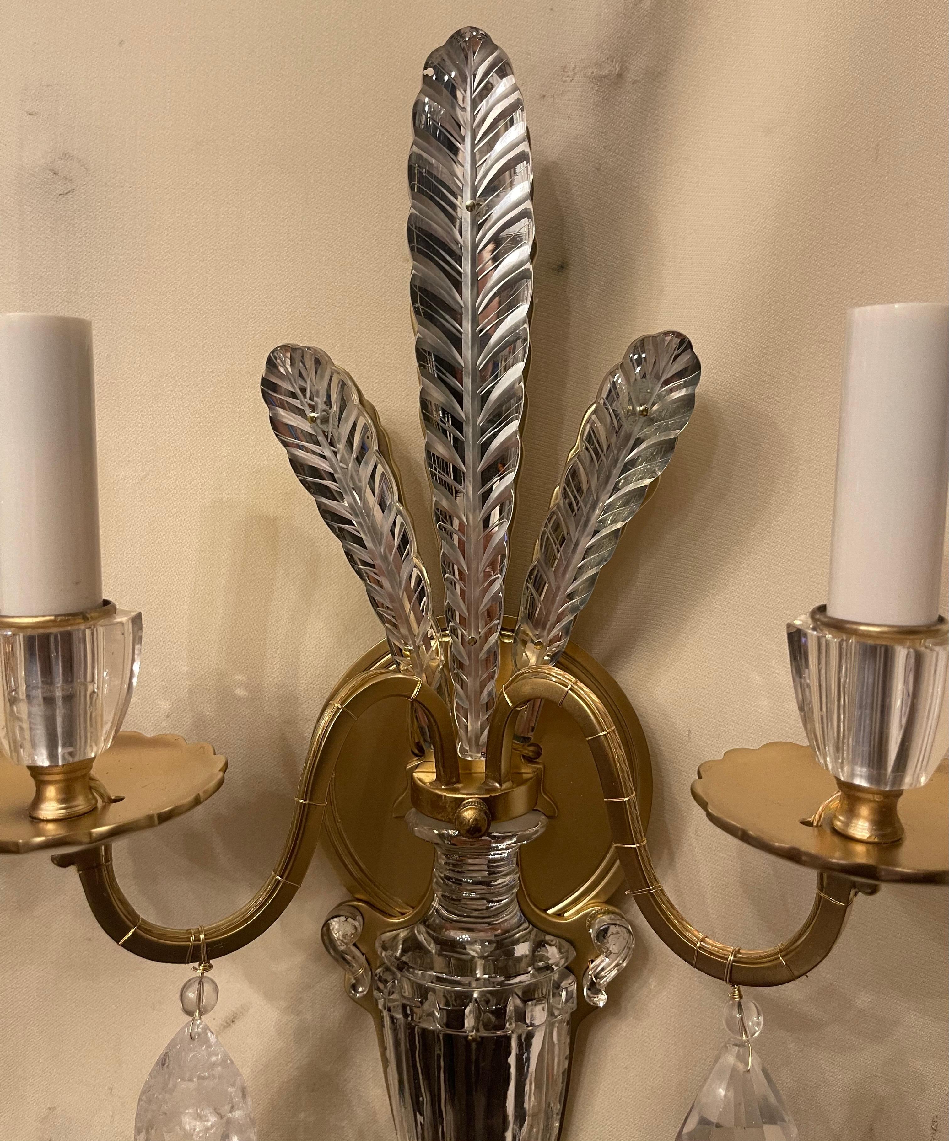 Gilt Wonderful Pair Modern Maison Bagues Urn Crystal Rock Crystal Fern Leaf Sconces