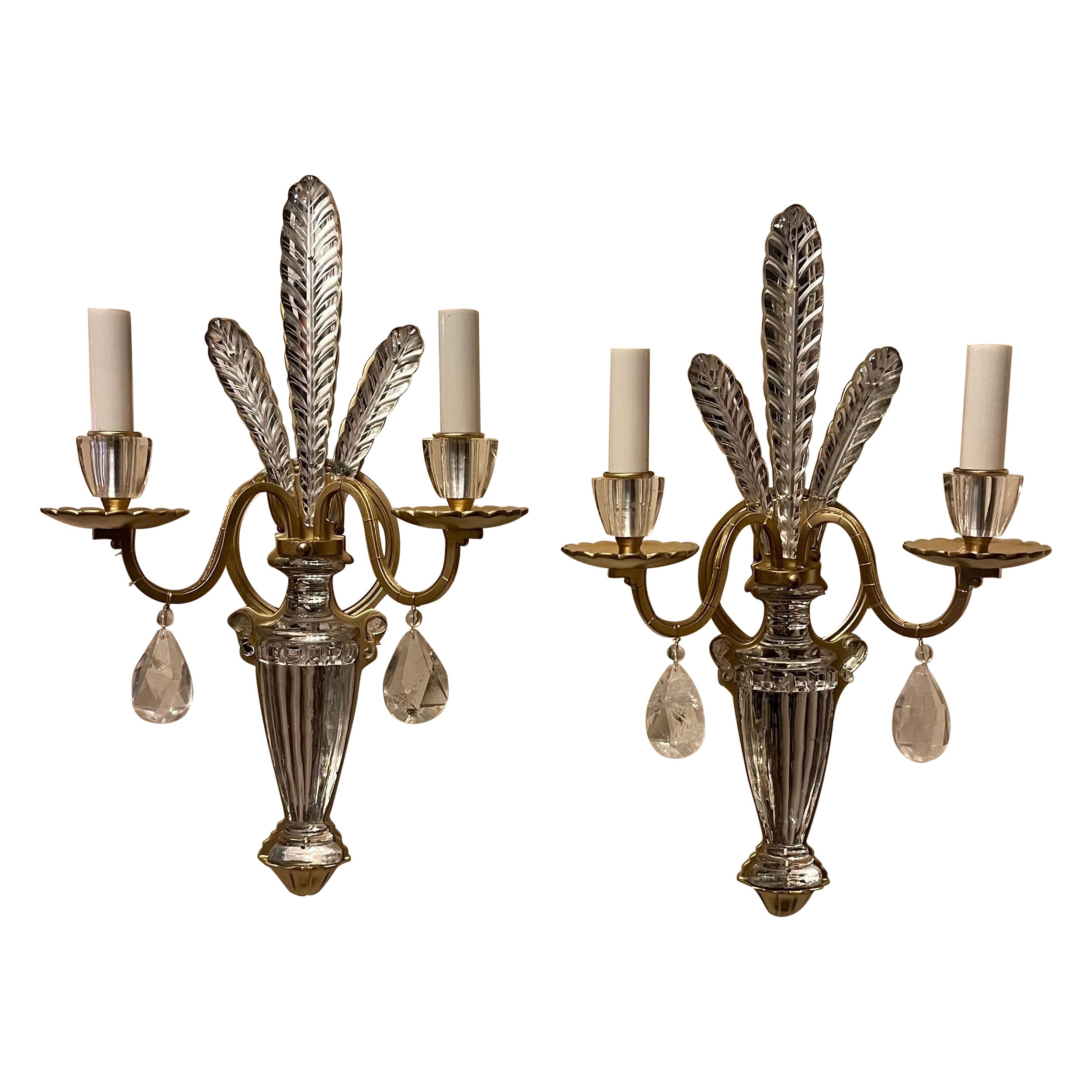 Wonderful Pair Modern Maison Bagues Urn Crystal Rock Crystal Fern Leaf Sconces
