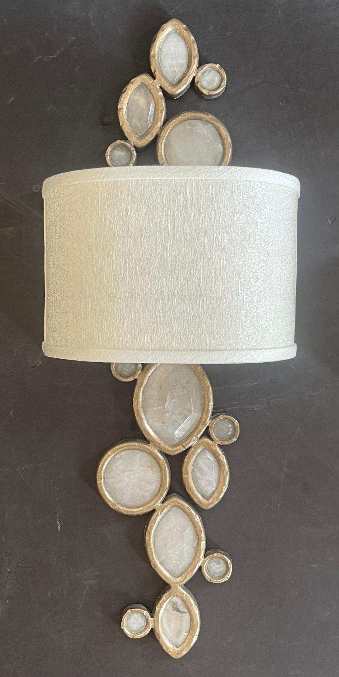 A Wonderful Pair Of Modern Silver Gilt With Silk Lamp Shades And Inset Quartz / Rock Crystal Sconces
