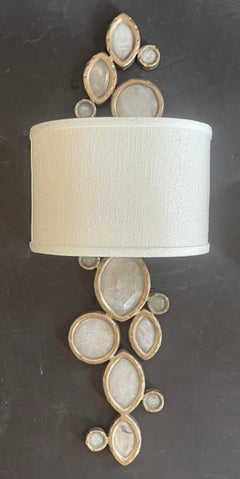 Wonderful Pair Modern Silver Gilt Silk Lamp Shade Quartz Rock Crystal Sconces