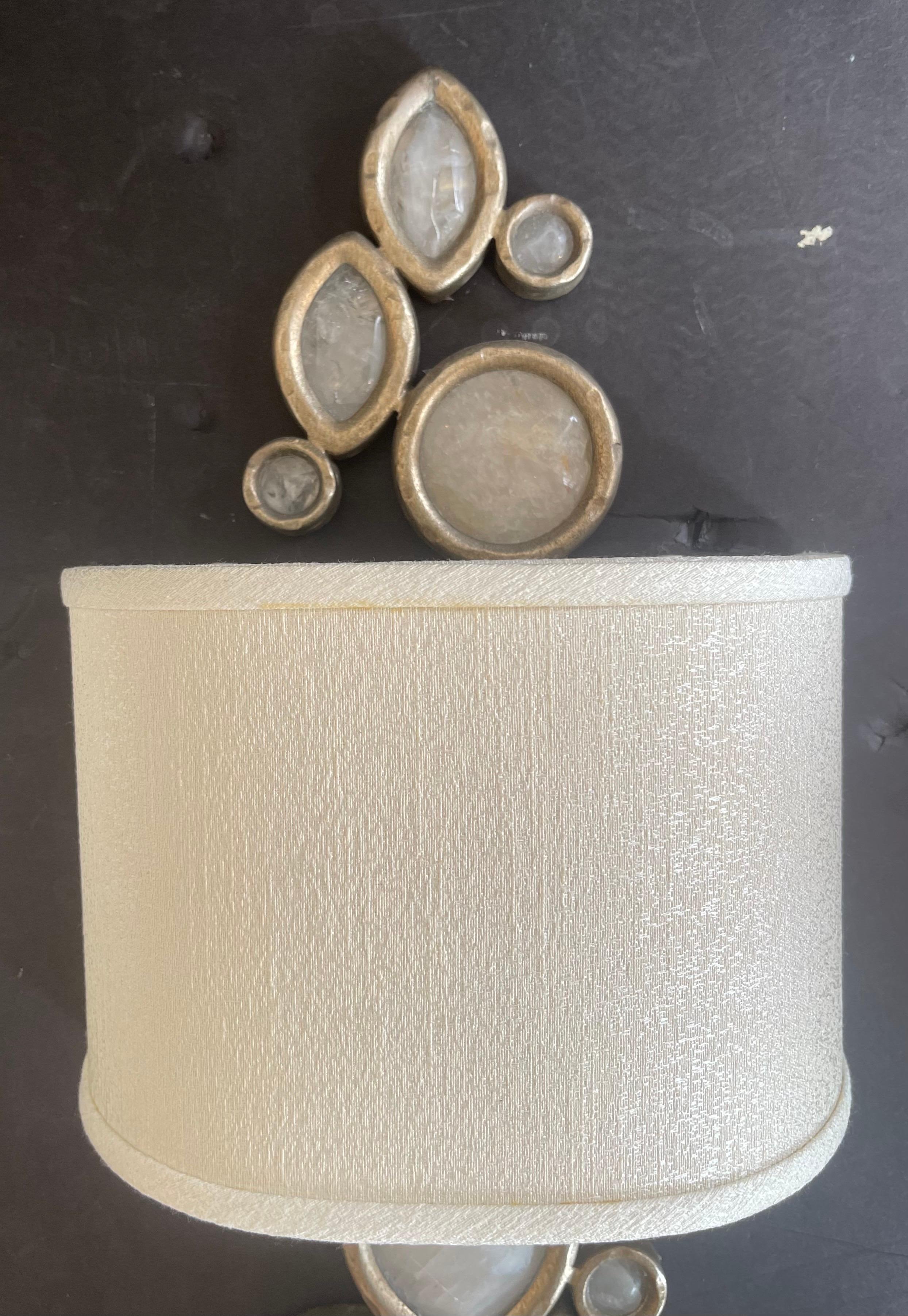 Italian Wonderful Pair Modern Silver Gilt Silk Lamp Shade Quartz Rock Crystal Sconces For Sale