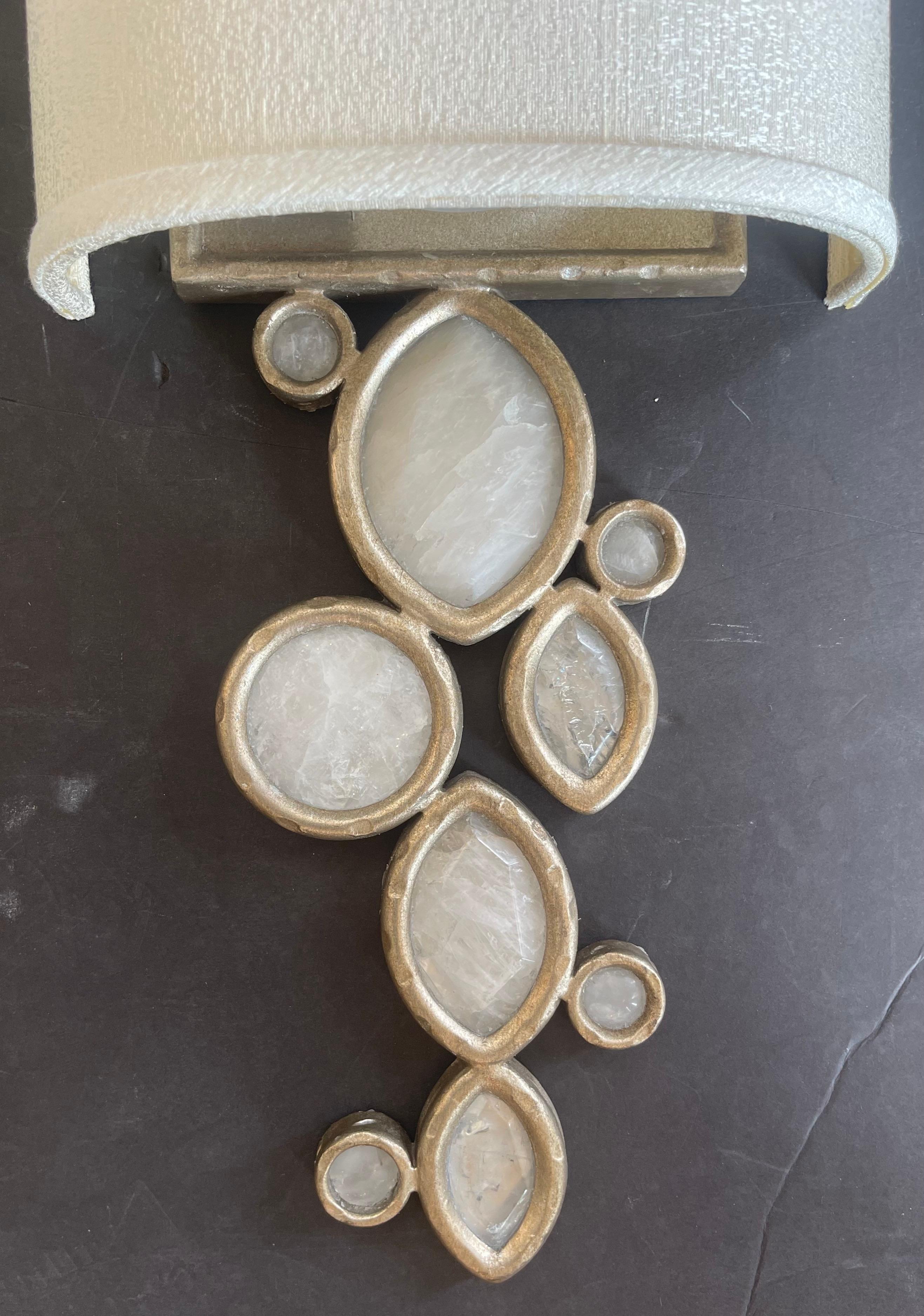 Silvered Wonderful Pair Modern Silver Gilt Silk Lamp Shade Quartz Rock Crystal Sconces For Sale