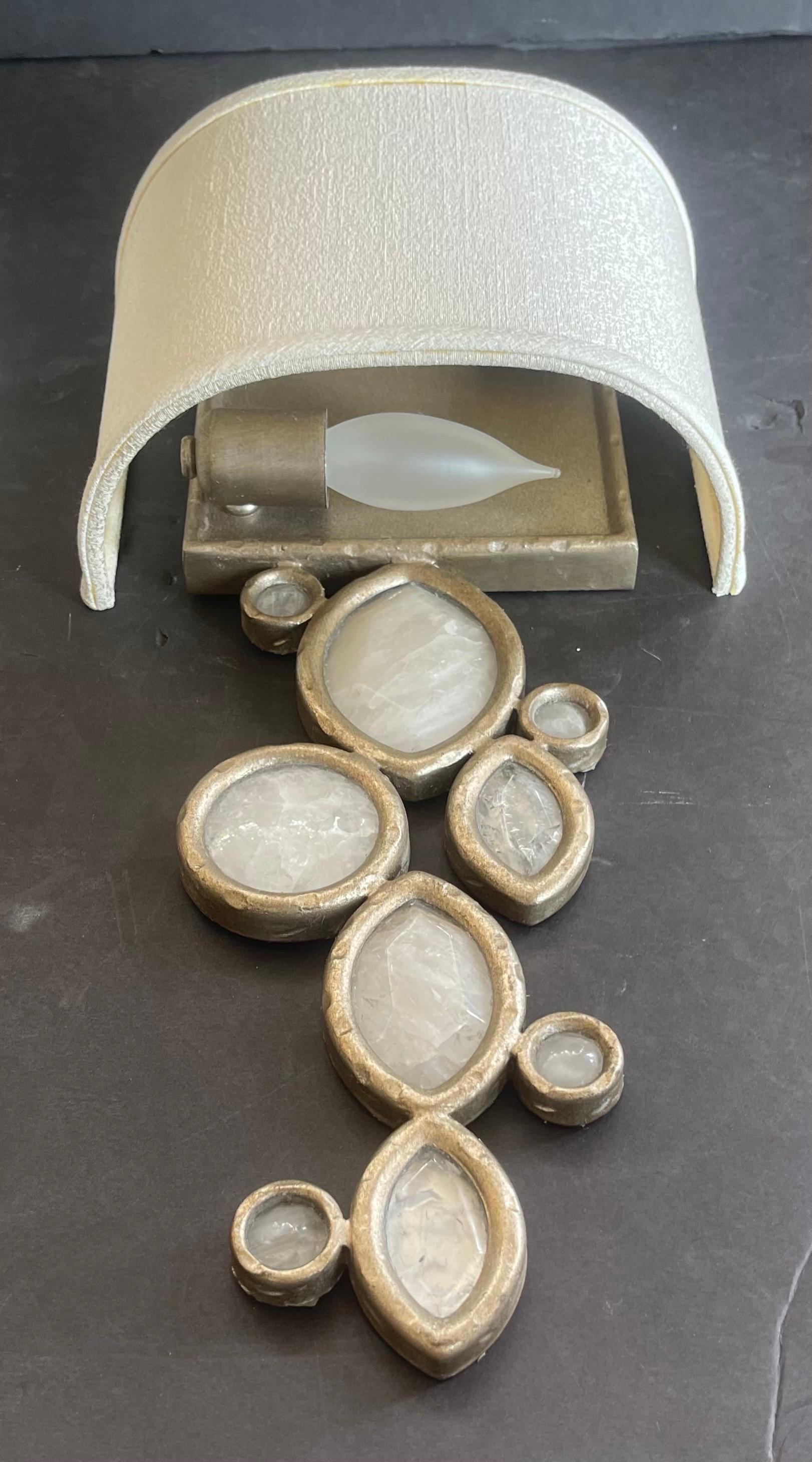 Wonderful Pair Modern Silver Gilt Silk Lamp Shade Quartz Rock Crystal Sconces In Good Condition For Sale In Roslyn, NY