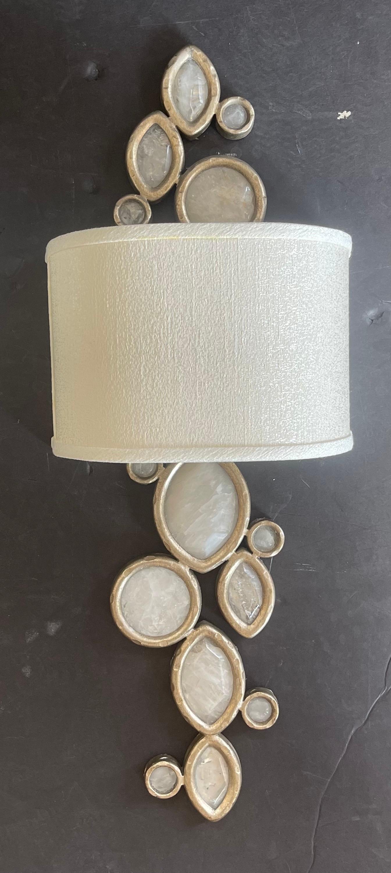 20th Century Wonderful Pair Modern Silver Gilt Silk Lamp Shade Quartz Rock Crystal Sconces For Sale
