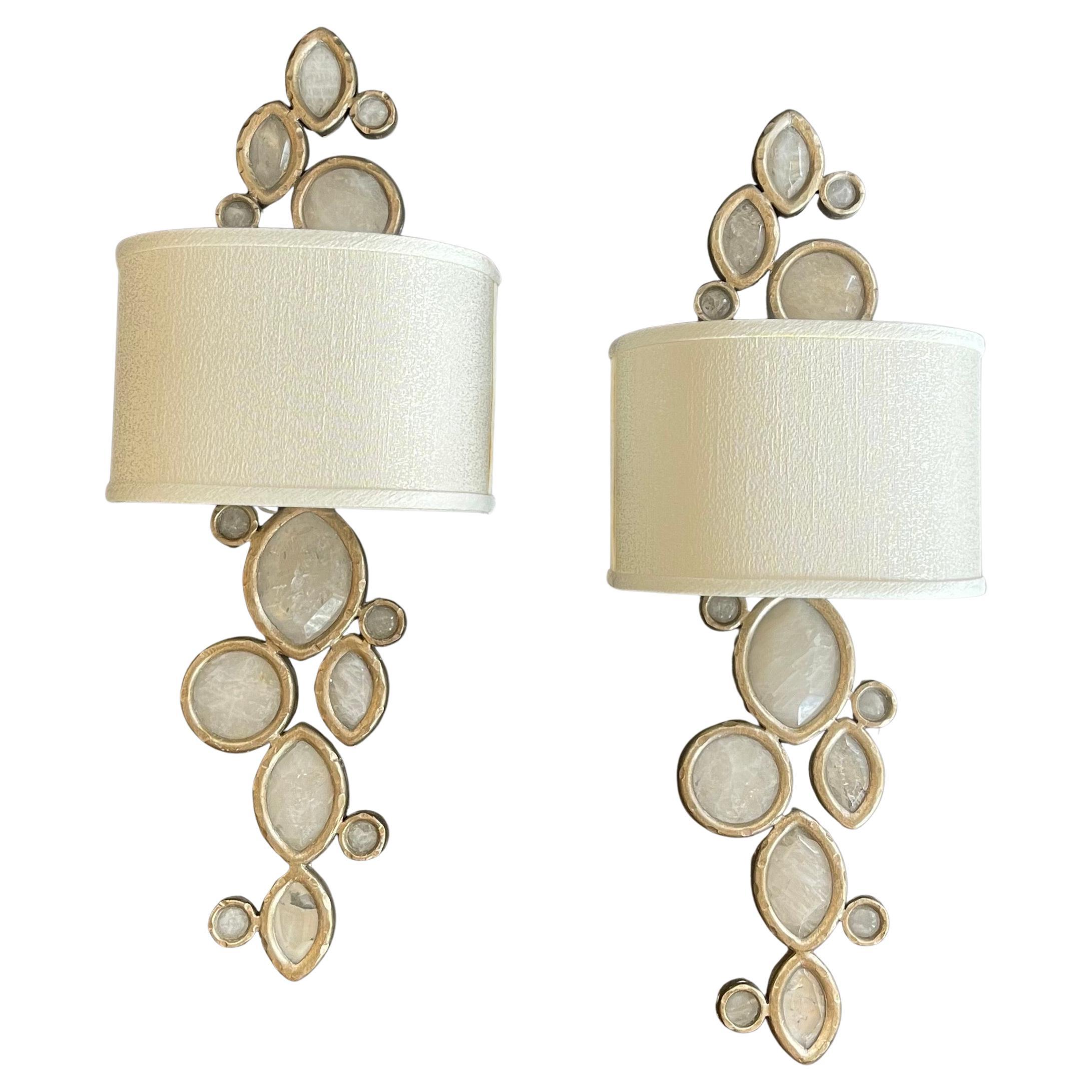 Wonderful Pair Modern Silver Gilt Silk Lamp Shade Quartz Rock Crystal Sconces For Sale